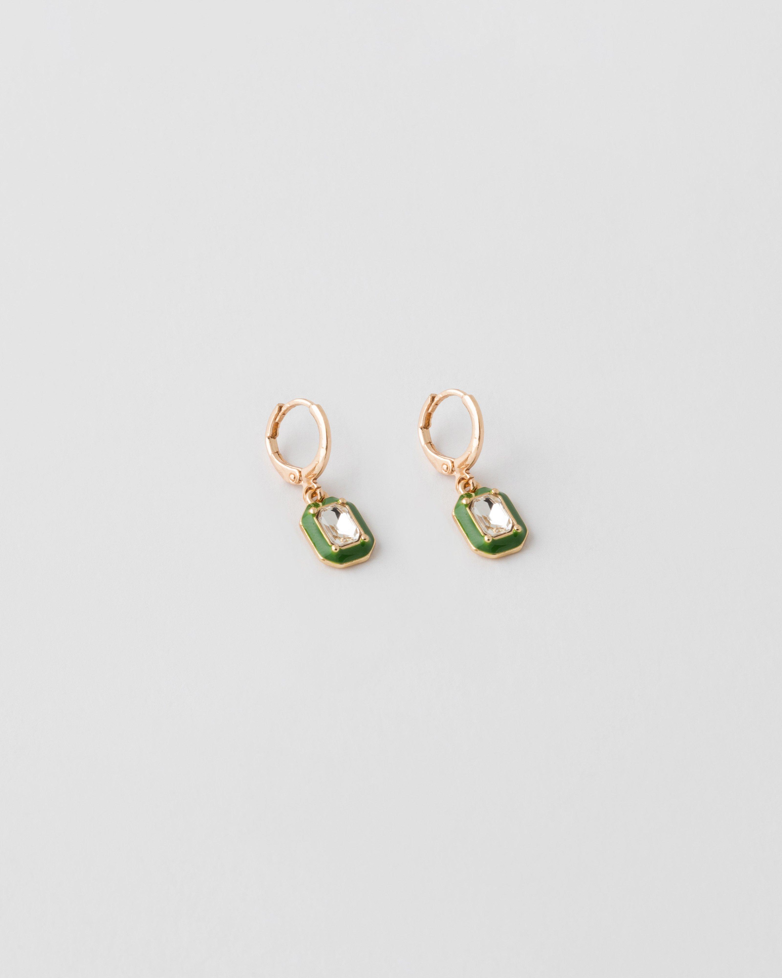 Square Stone Outline Huggie Drop Earrings -  Green
