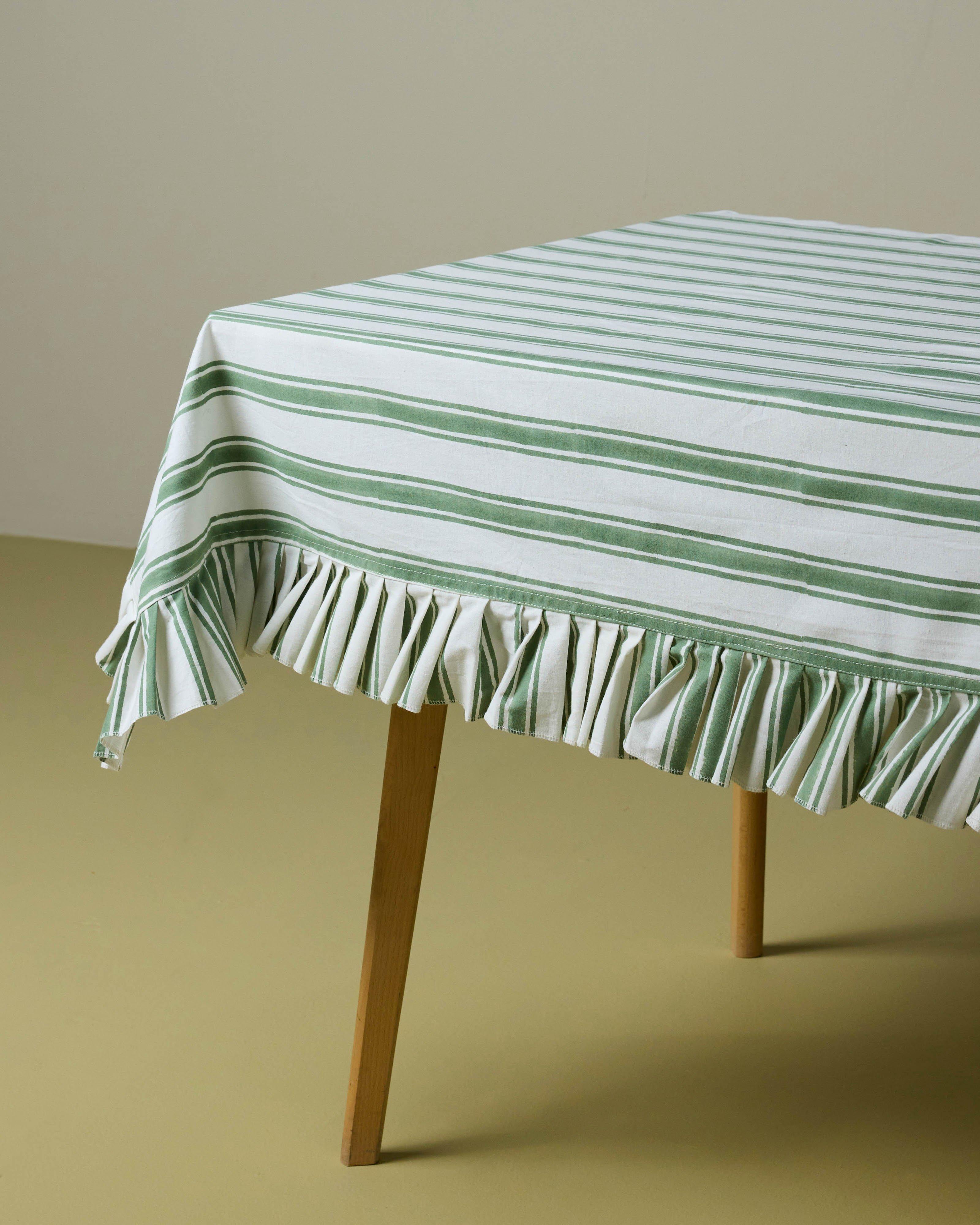 Stevie Stripe Block Print Tablecloth -  Green