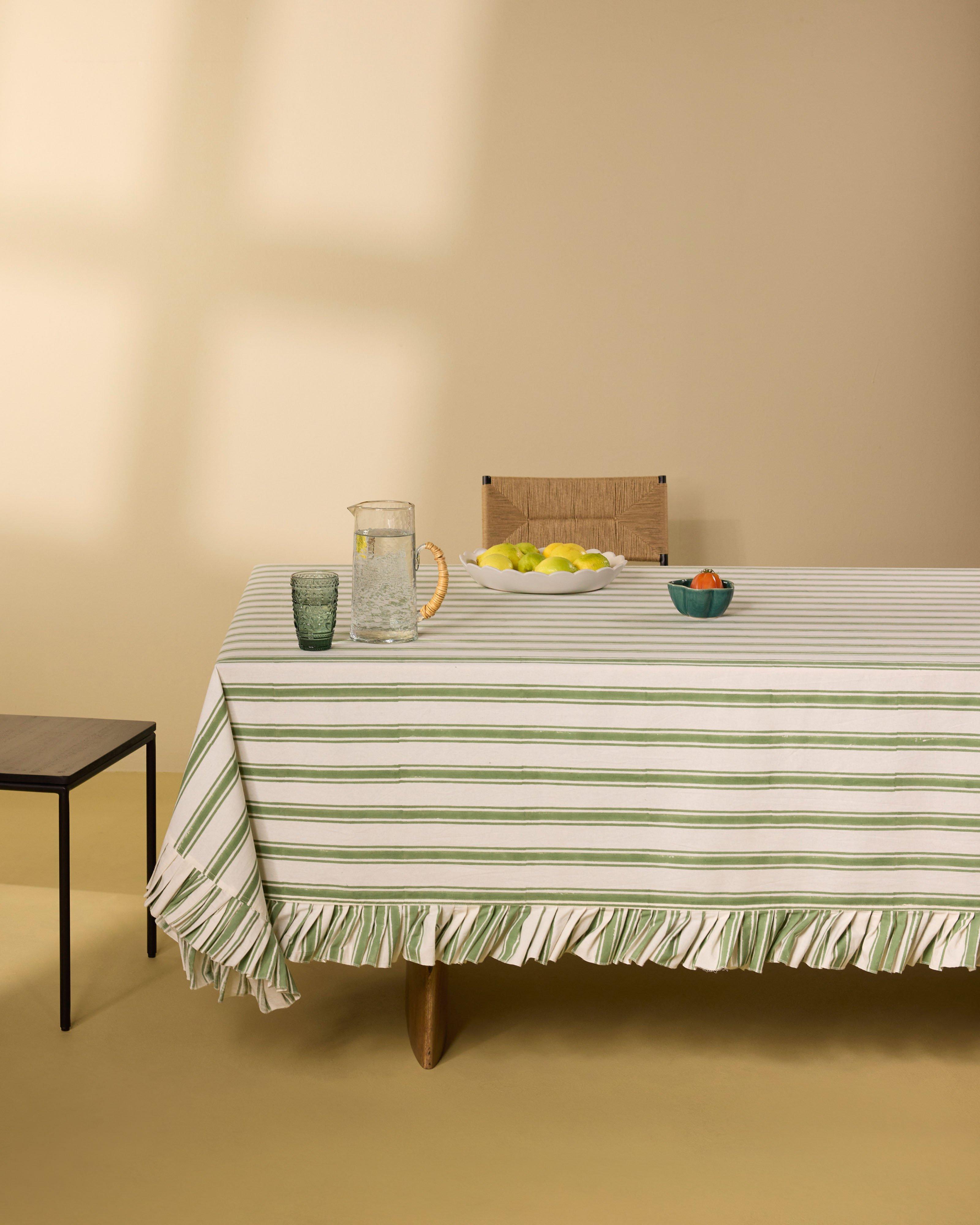 Stevie Stripe Block Print Tablecloth -  Green