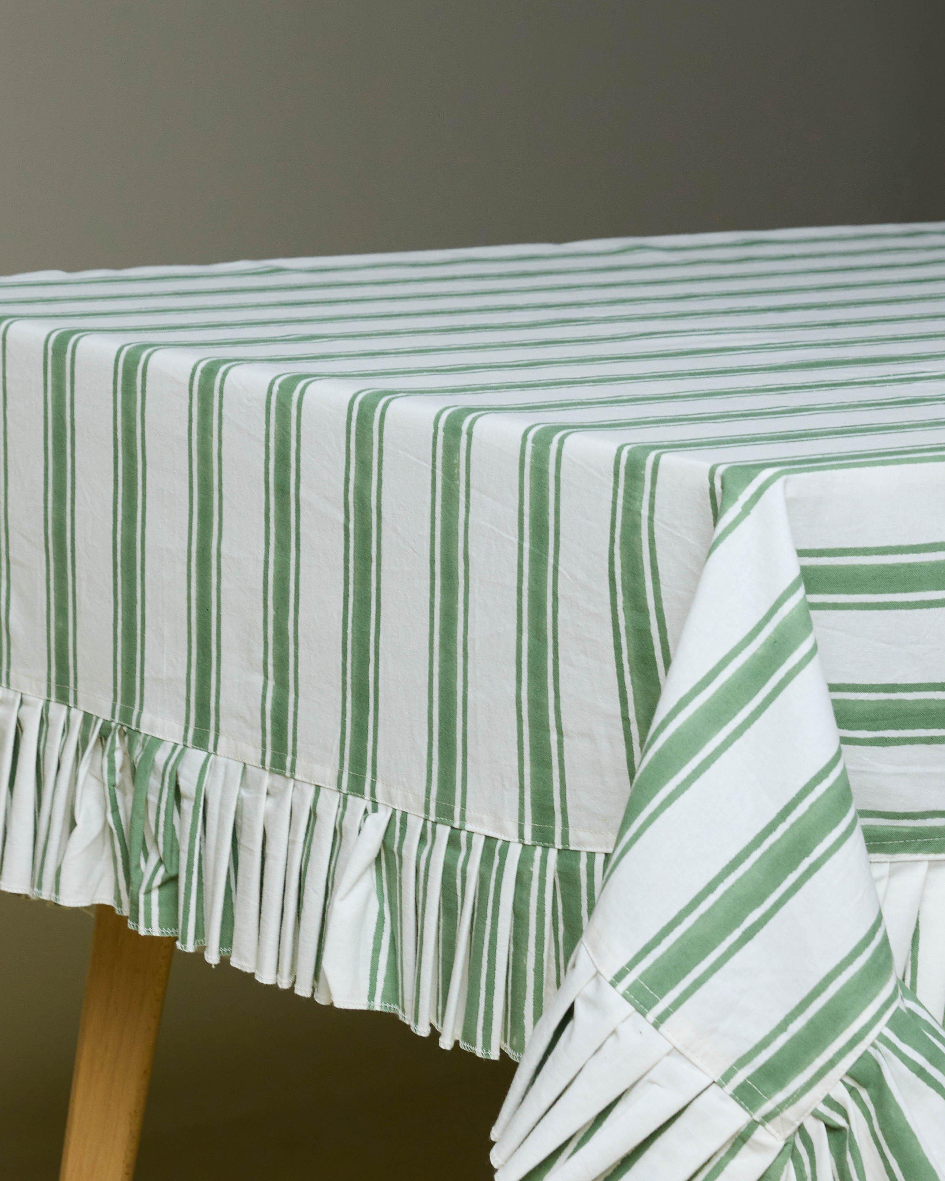 Stevie Stripe Block Print Tablecloth -  Green