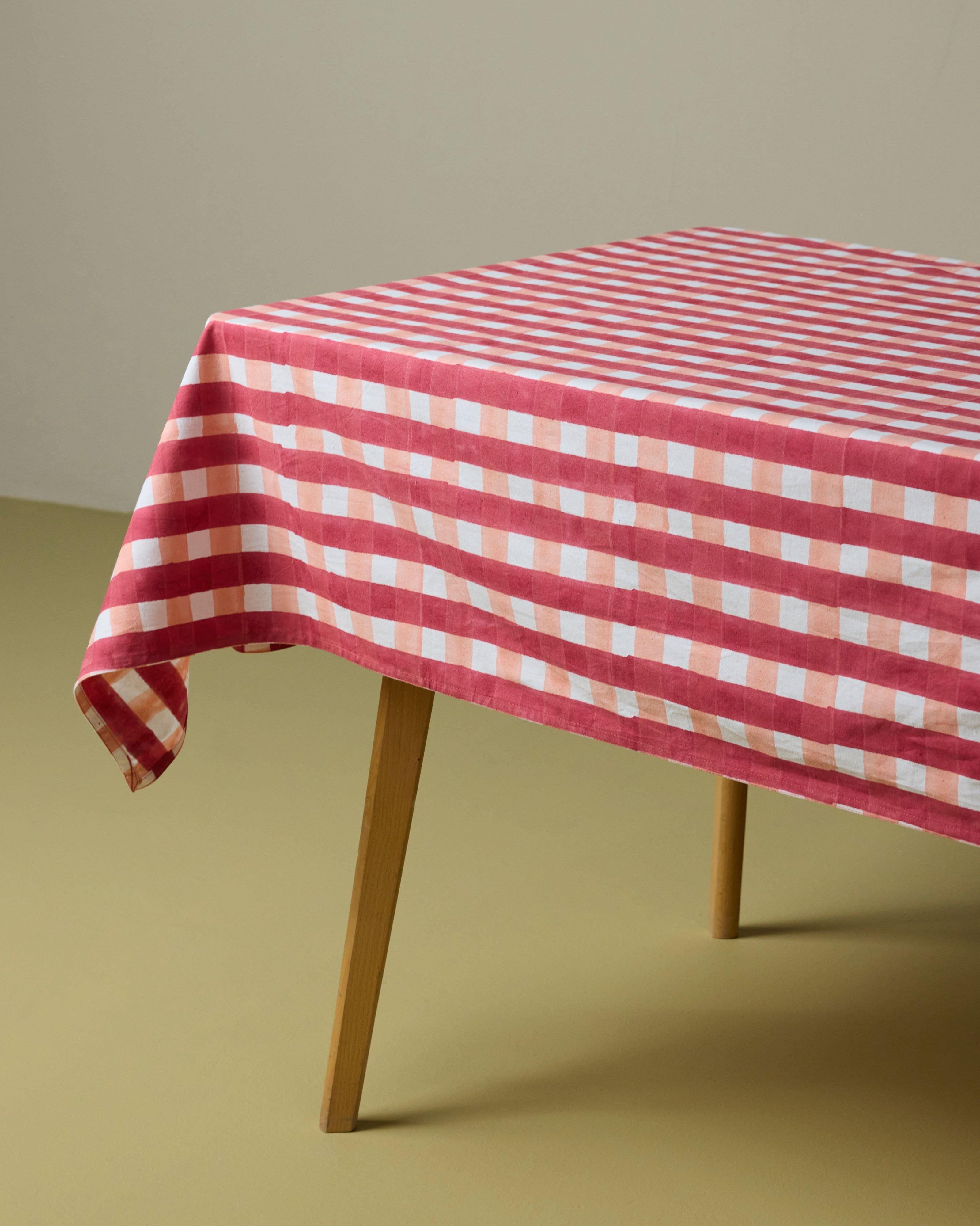 Charlie Check Block Printed Tablecloth - 250cm x 170cm -  Red