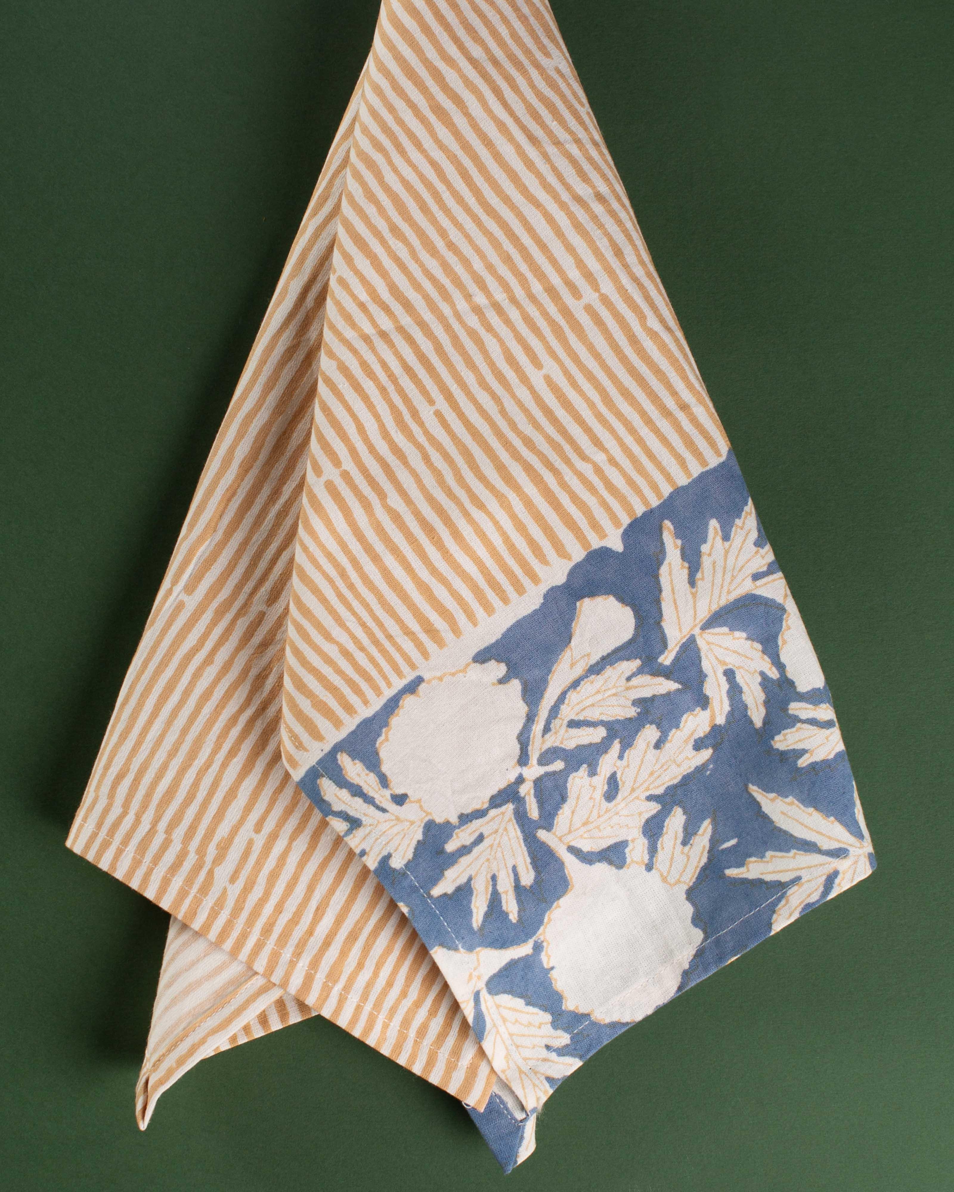 Staci Stripe & Floral Block Print Tea Towel -  Ochre