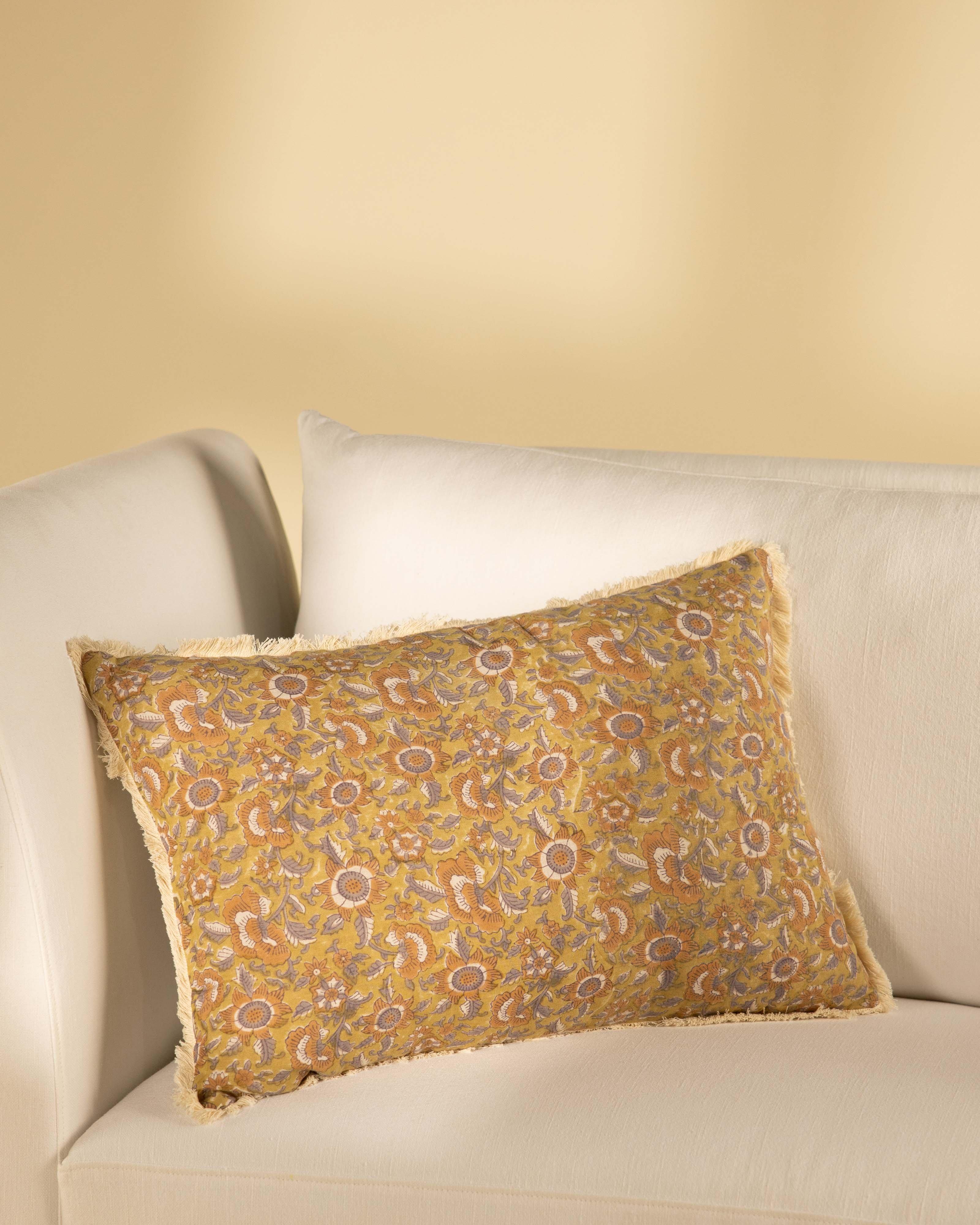 Vivi Block Printed Tufted Cushion  -  Yellow