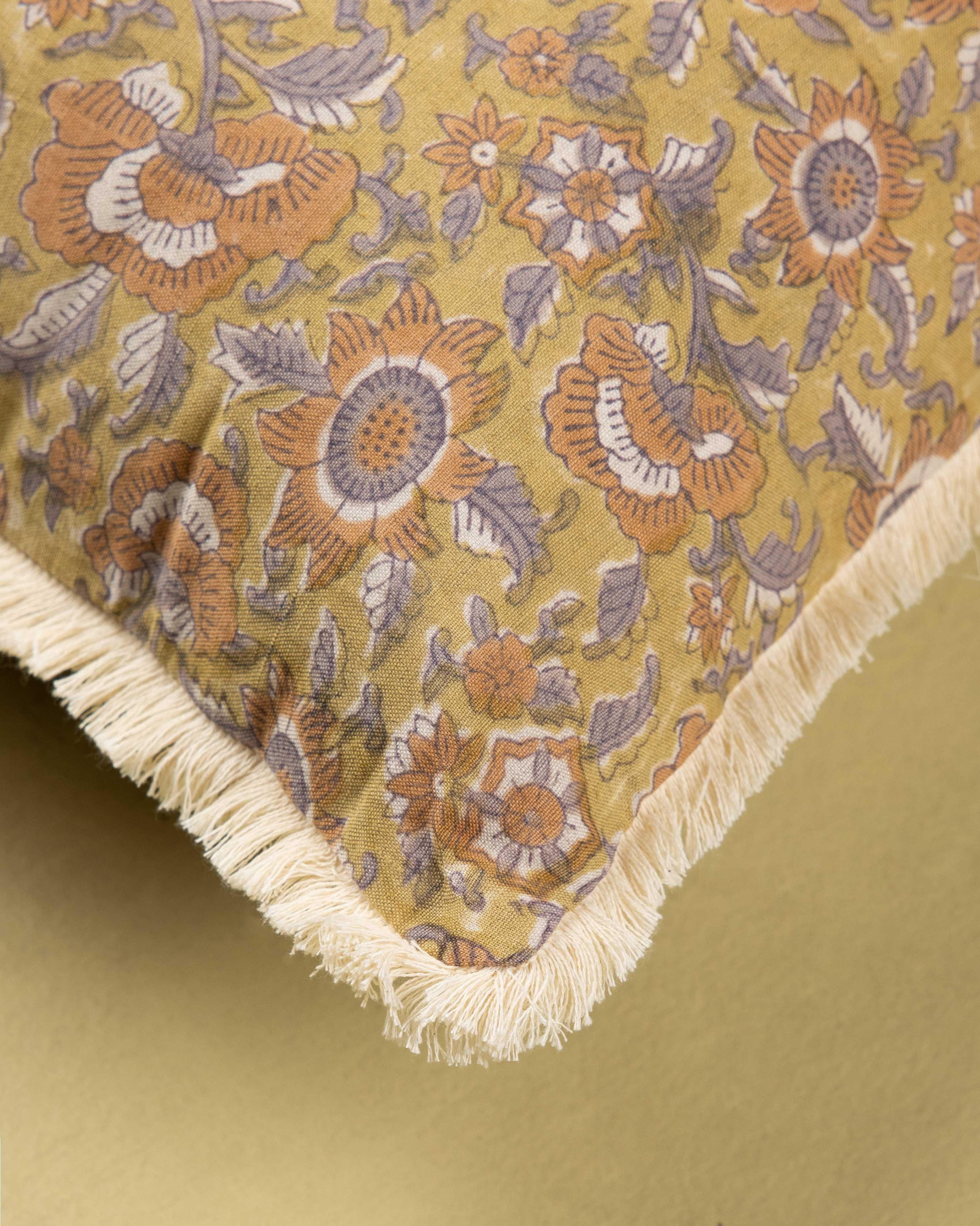Vivi Block Printed Tufted Cushion  -  Yellow
