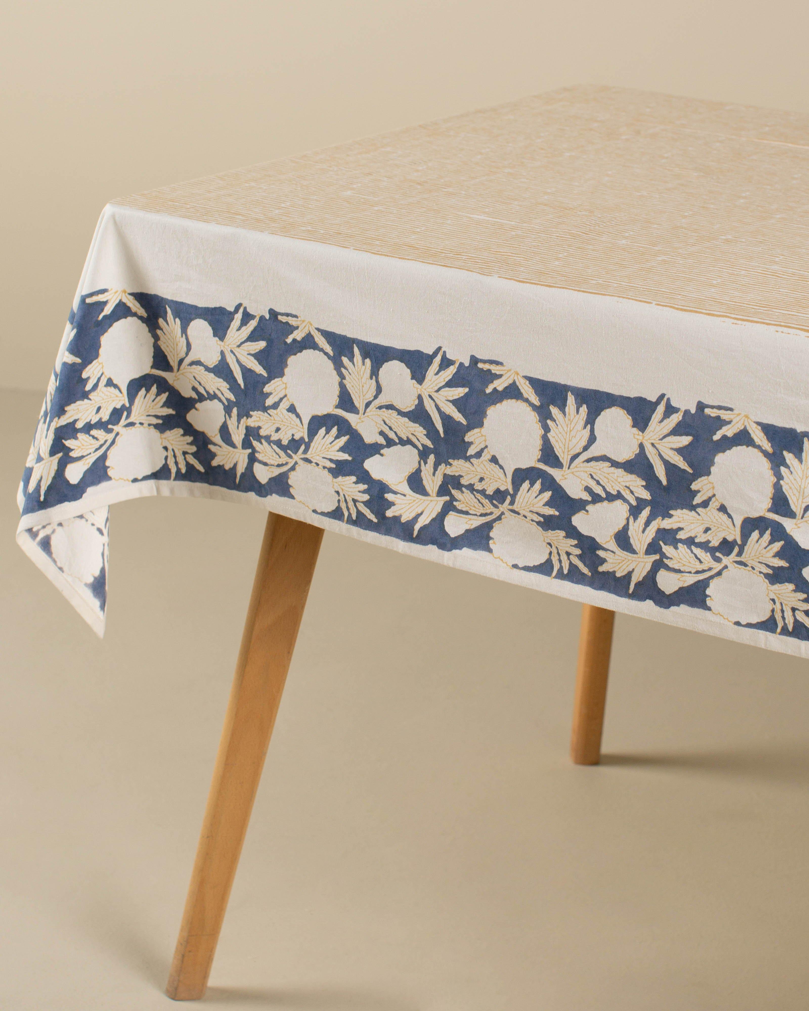 Staci Stripe & Floral Block Print Table Cloth -  Ochre