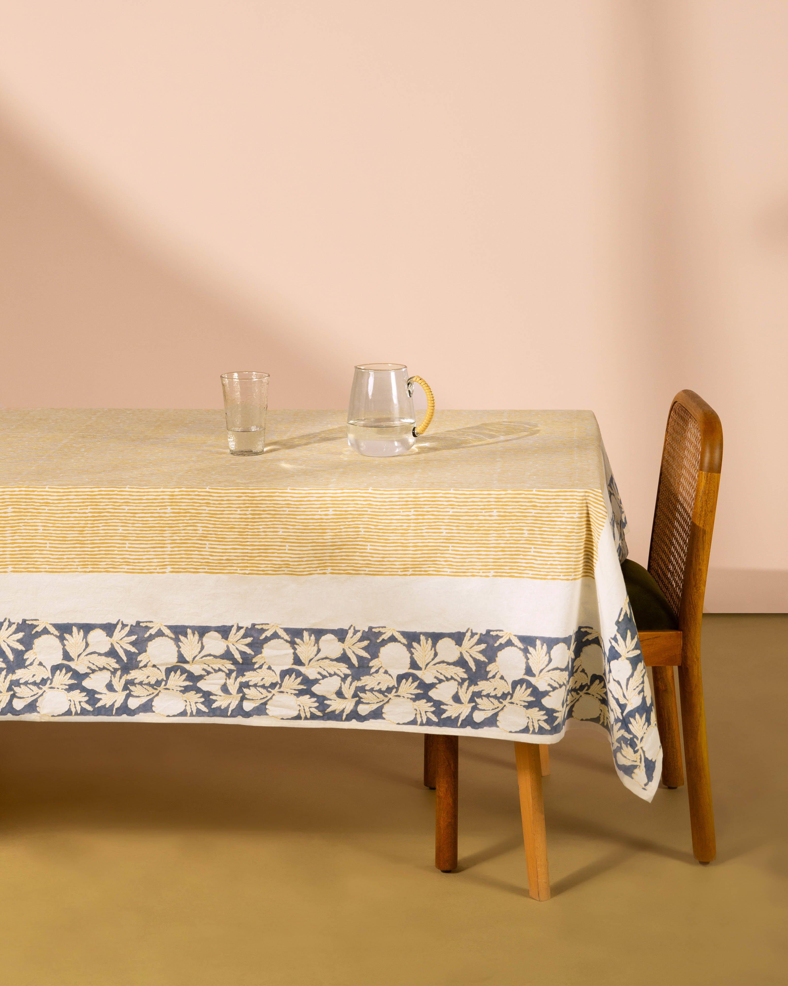 Staci Stripe & Floral Block Print Table Cloth -  Ochre