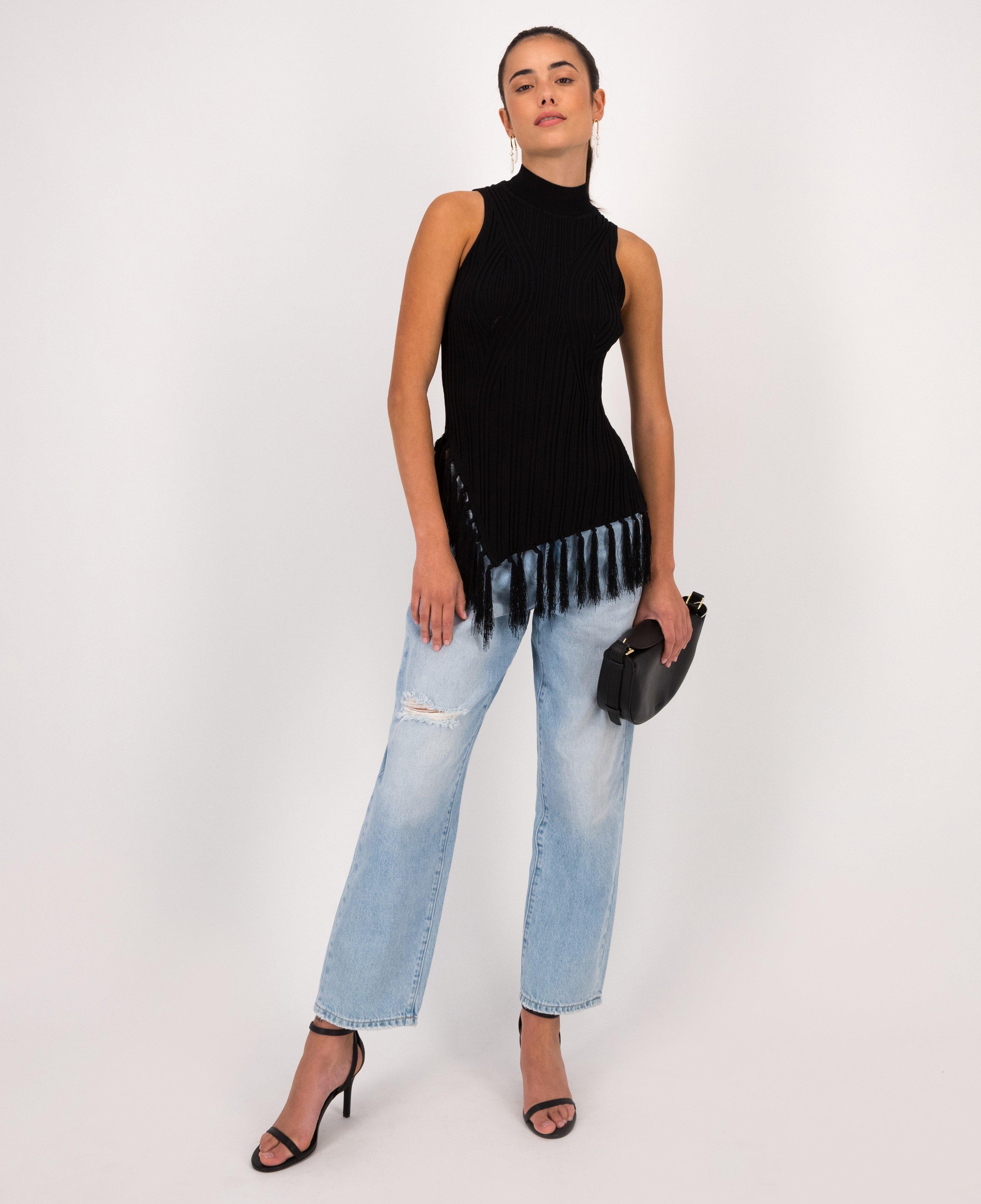 Amalfi Knit Top with Tassels -  Black