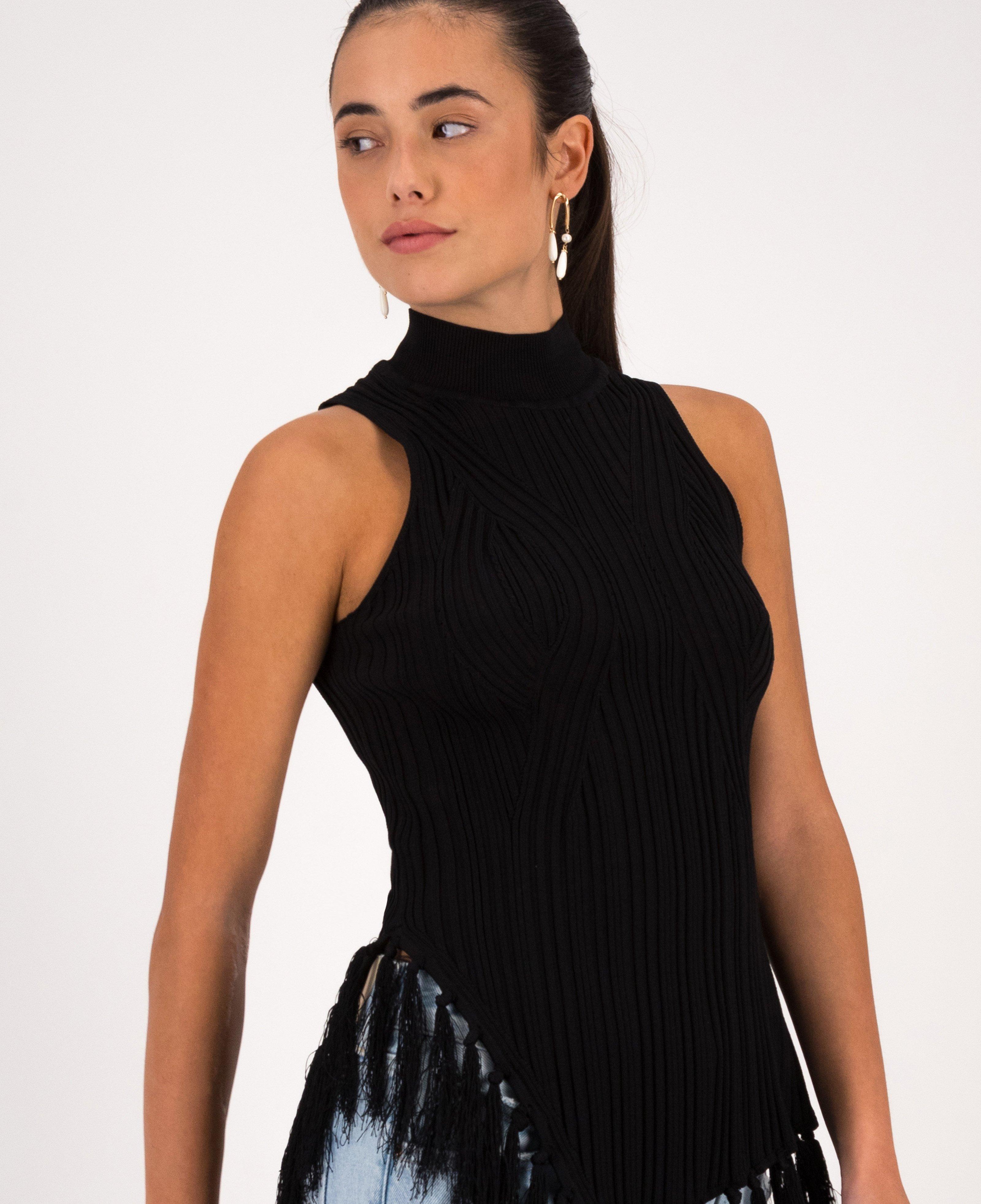Amalfi Knit Top with Tassels -  Black