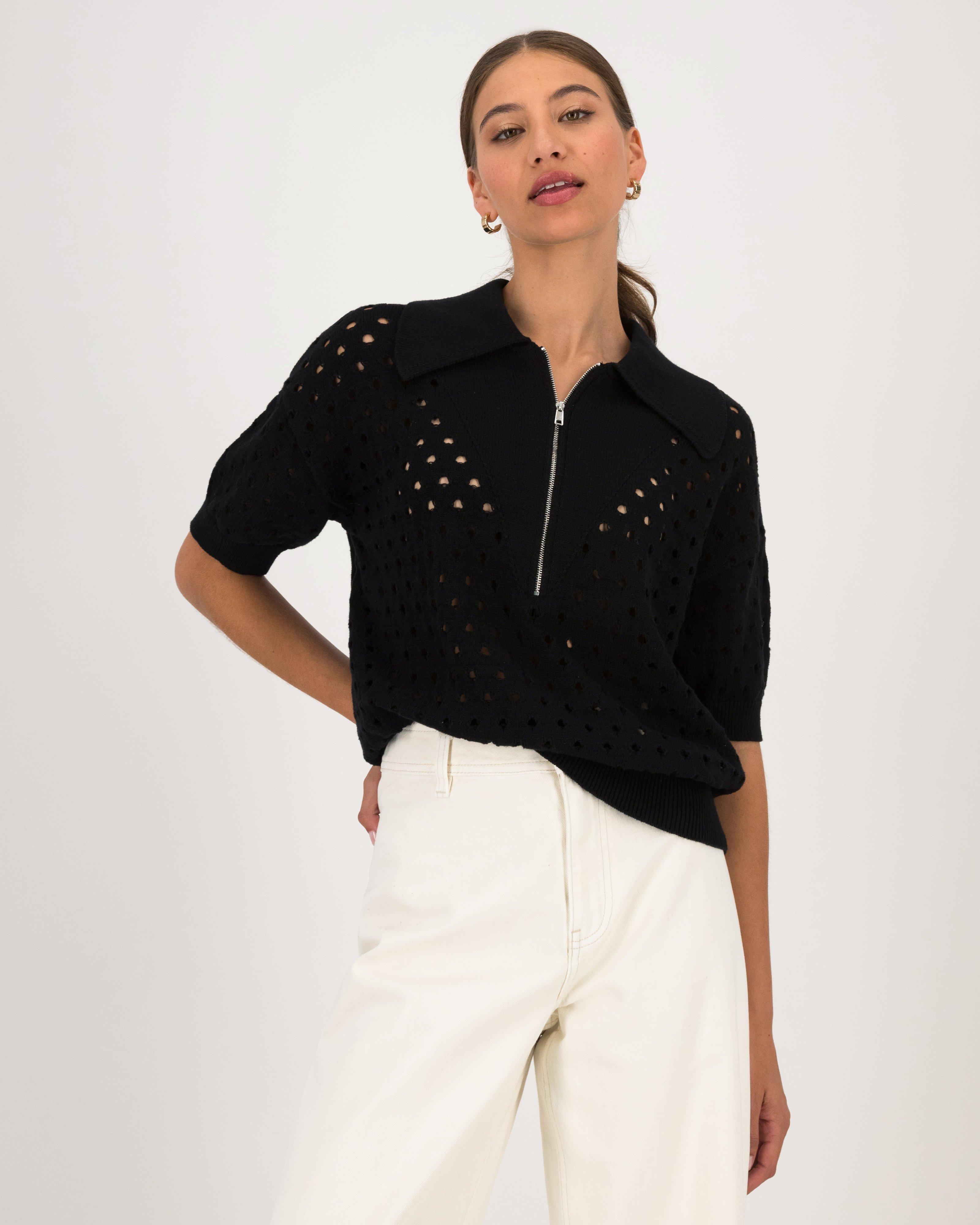 Liliya Open Knit Sweater -  Black