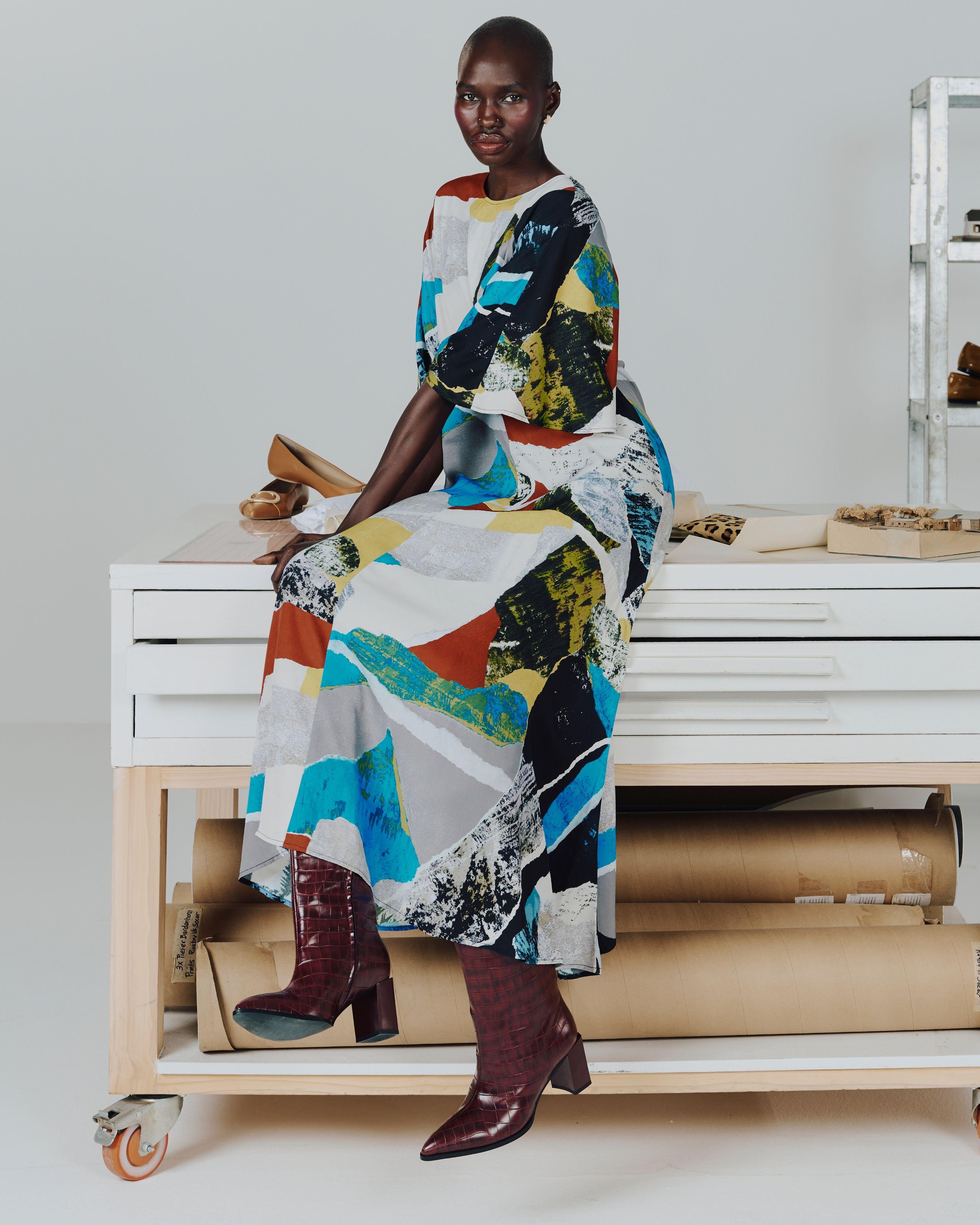 Omari Asymmetric Draped Printed Midi Dress -  Assorted