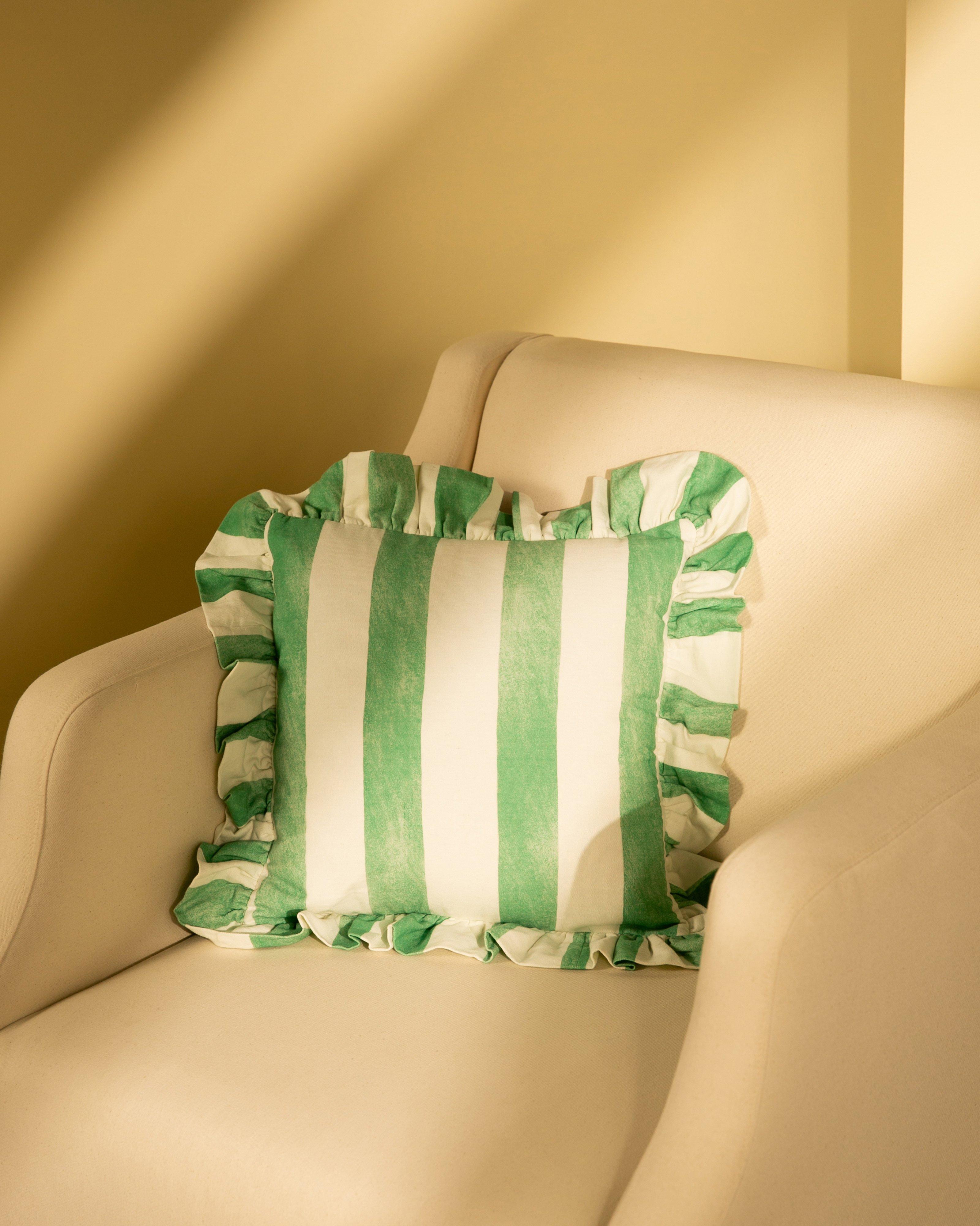 Stelly Stripe Ruffle Cushion -  Green