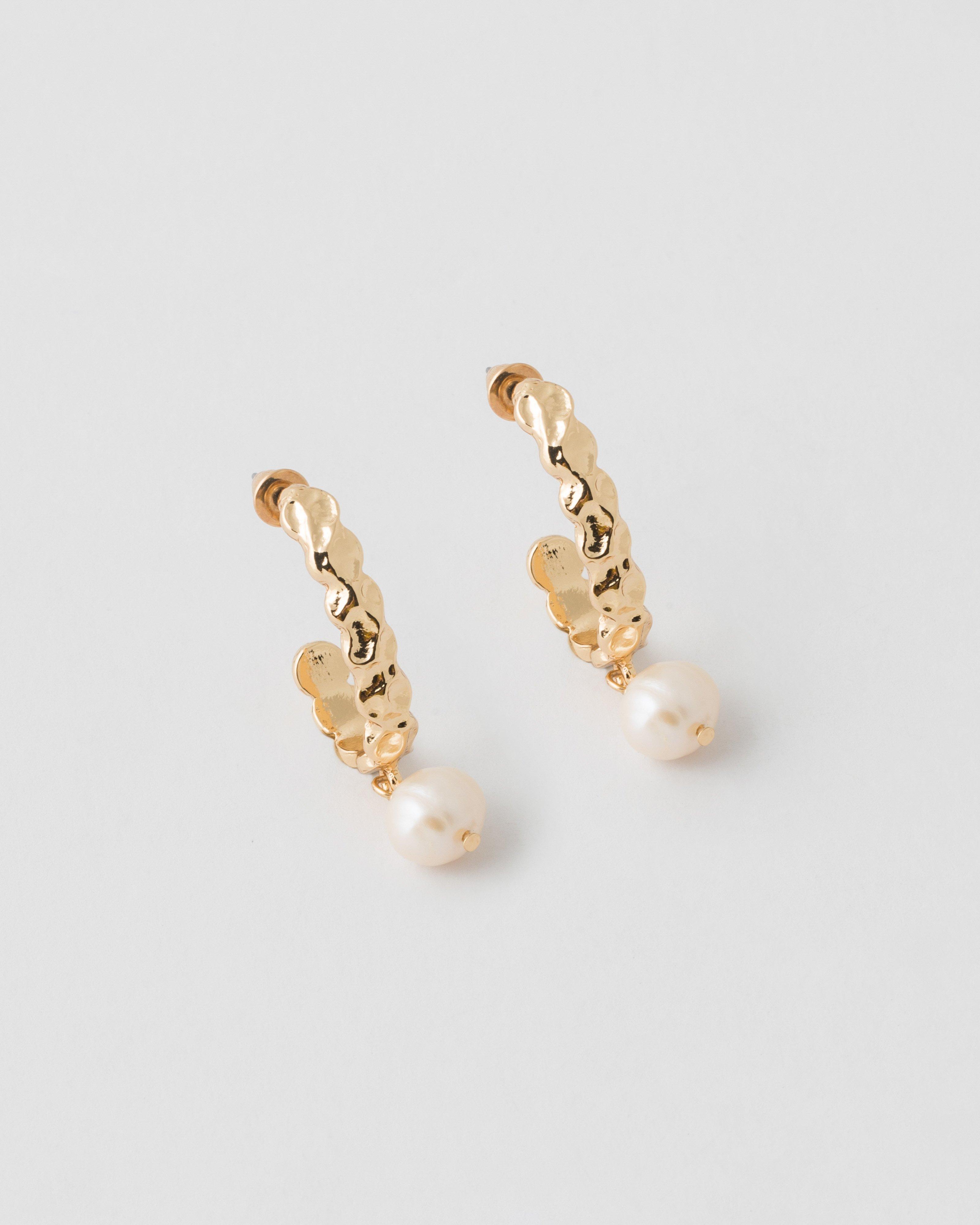 J-Shape Curved & Freshwater Pearl Drop Earrings -  Milk