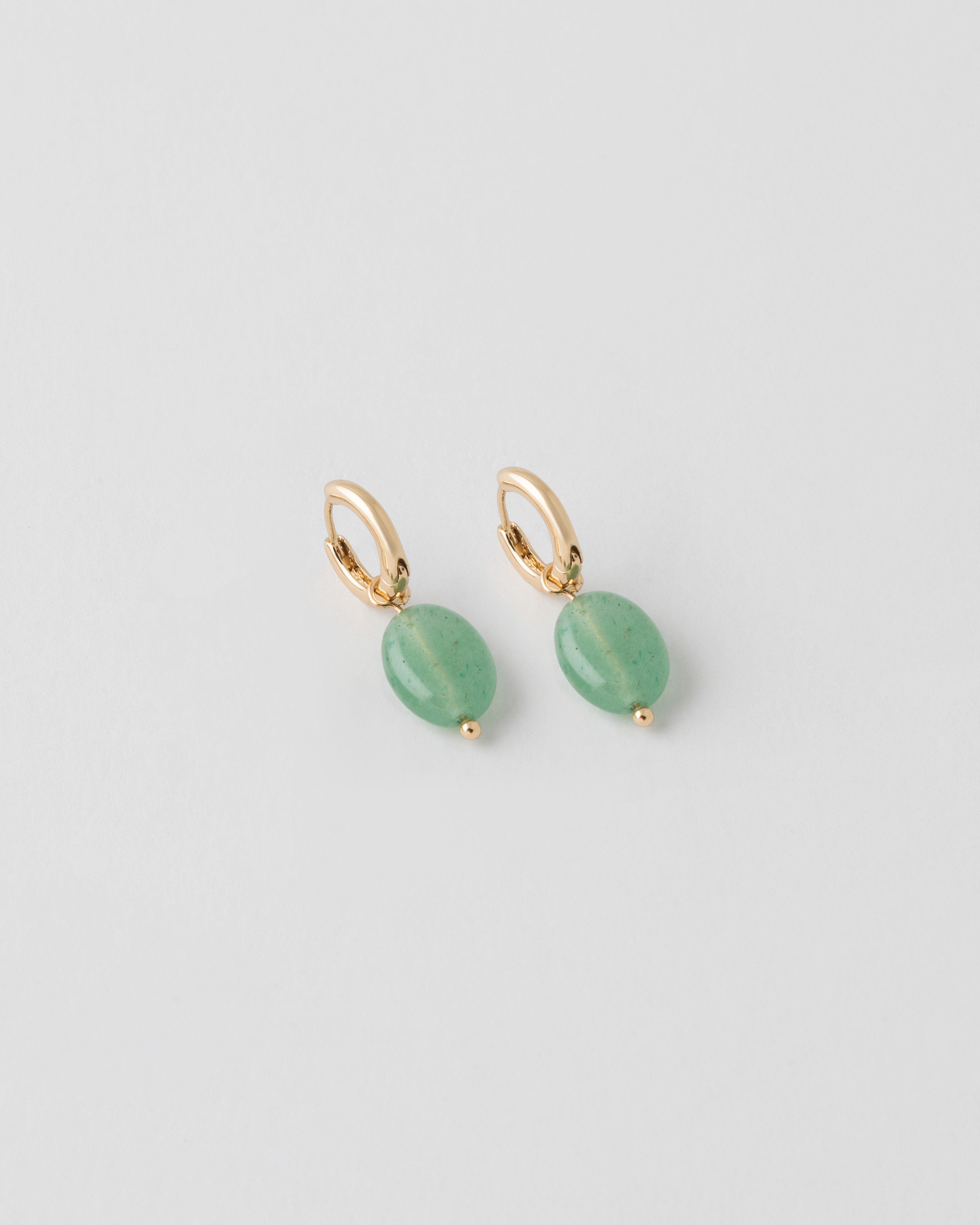 Oval Natural Stone Huggie Drop Earrings -  Light Green