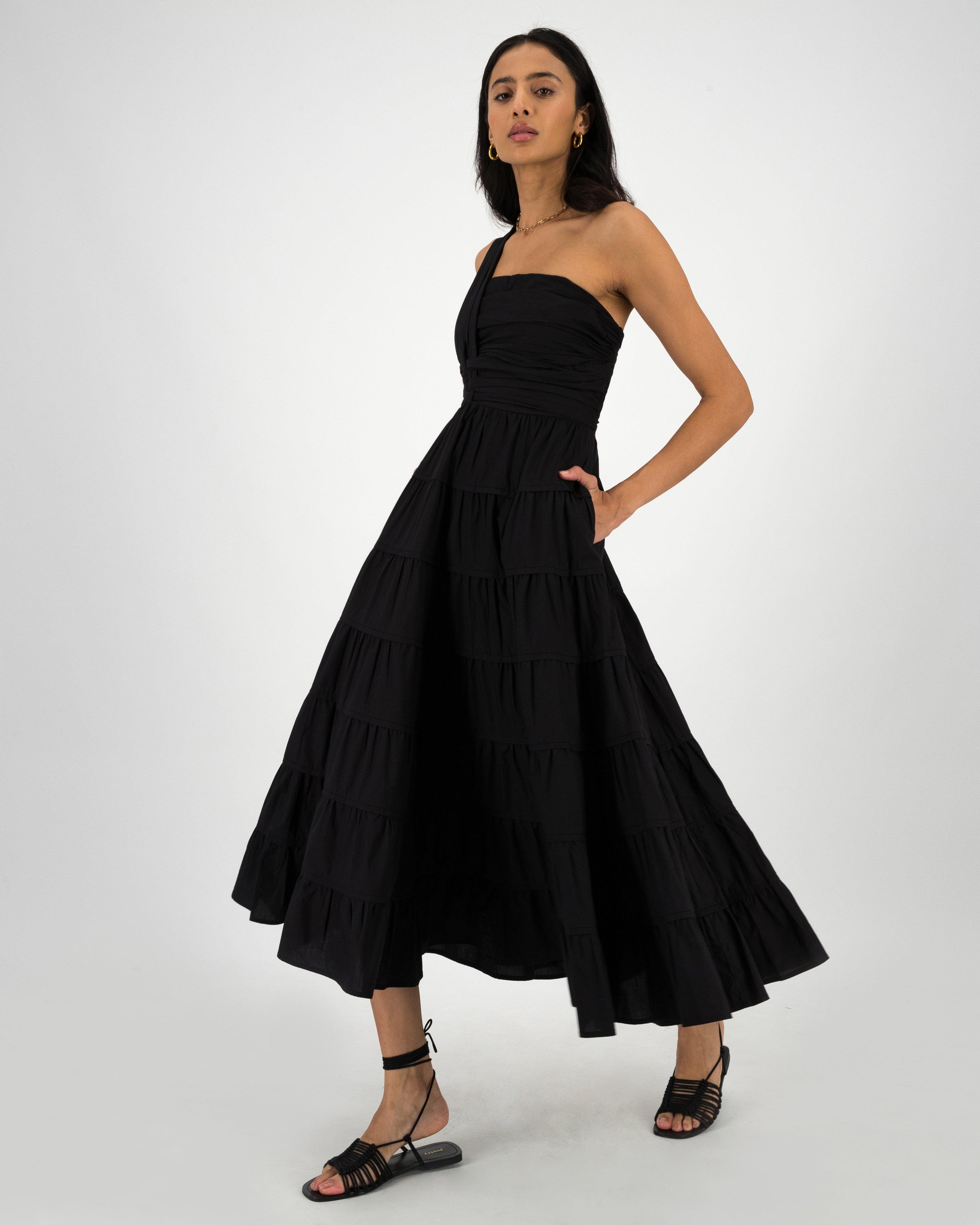Jaclyn One-Shoulder Tiered Dress -  Black