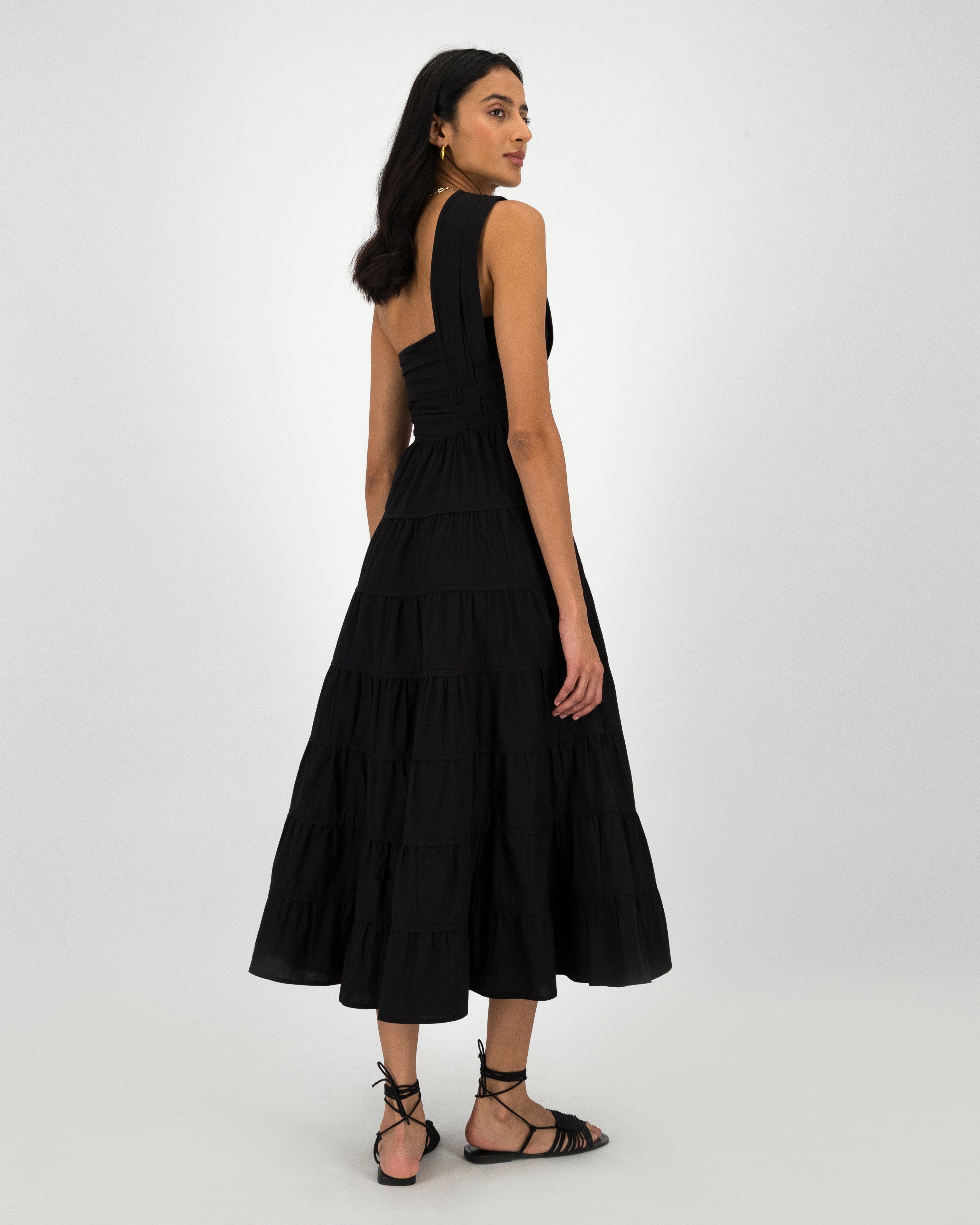 Jaclyn One-Shoulder Tiered Dress -  Black