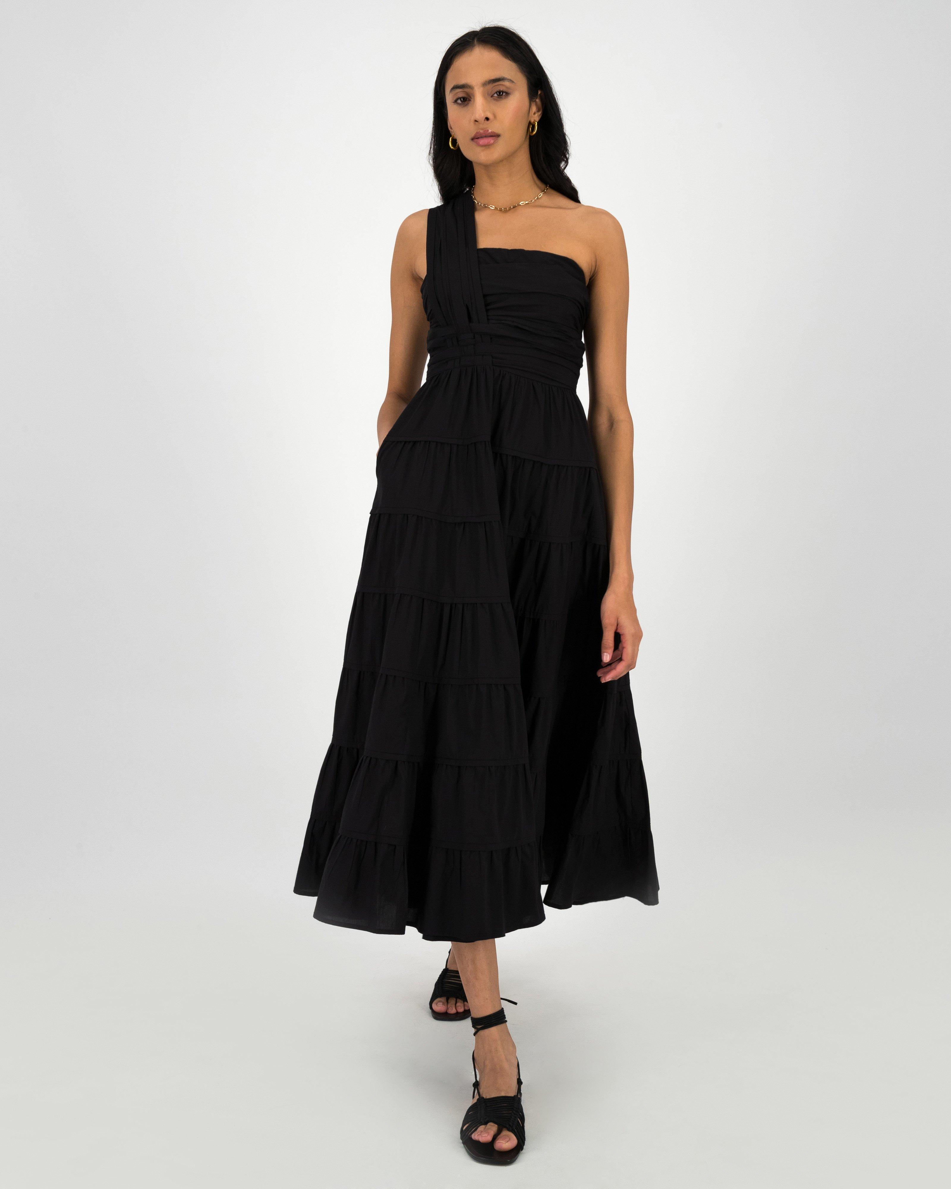 Jaclyn One-Shoulder Tiered Dress -  Black