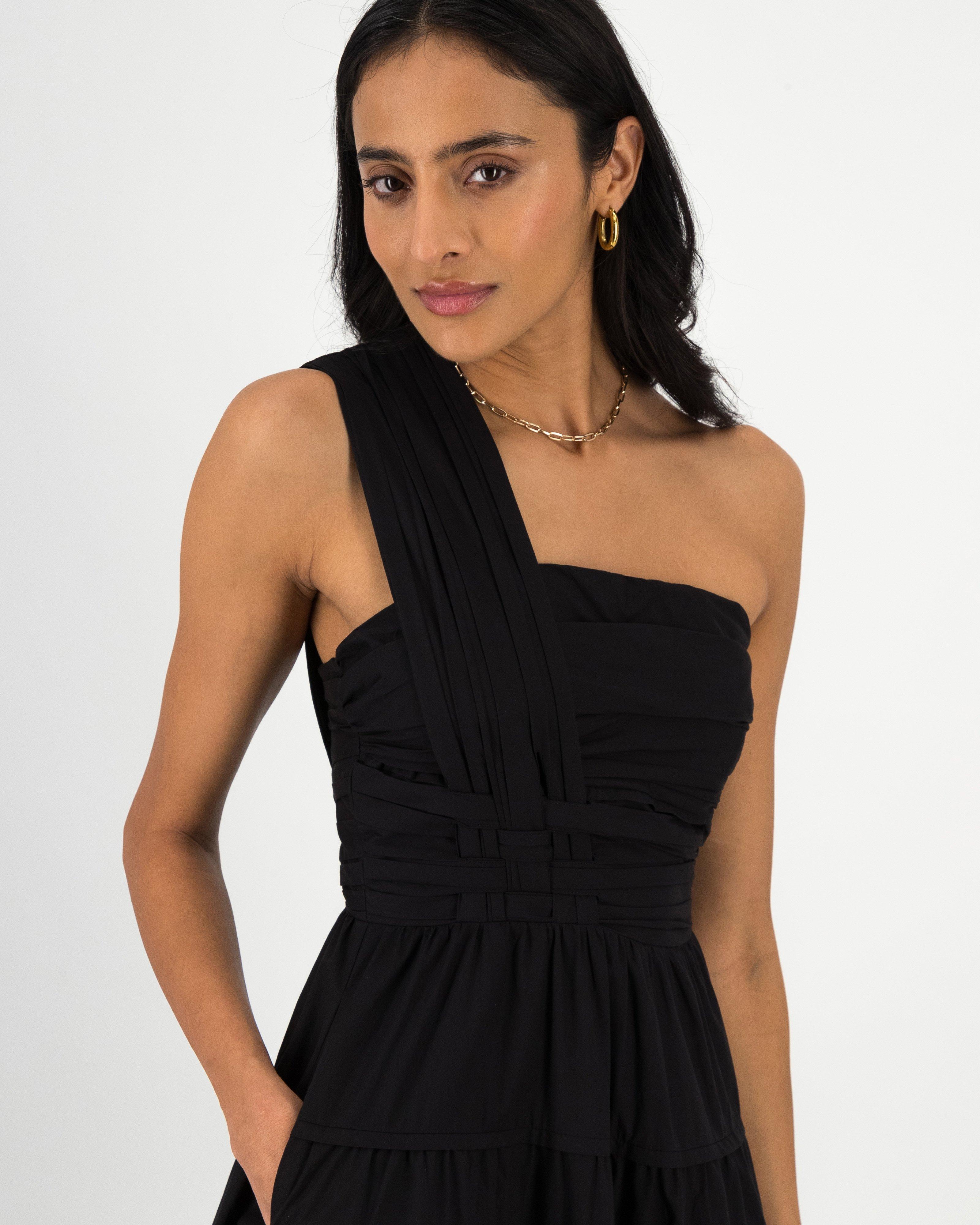 Jaclyn One-Shoulder Tiered Dress -  Black