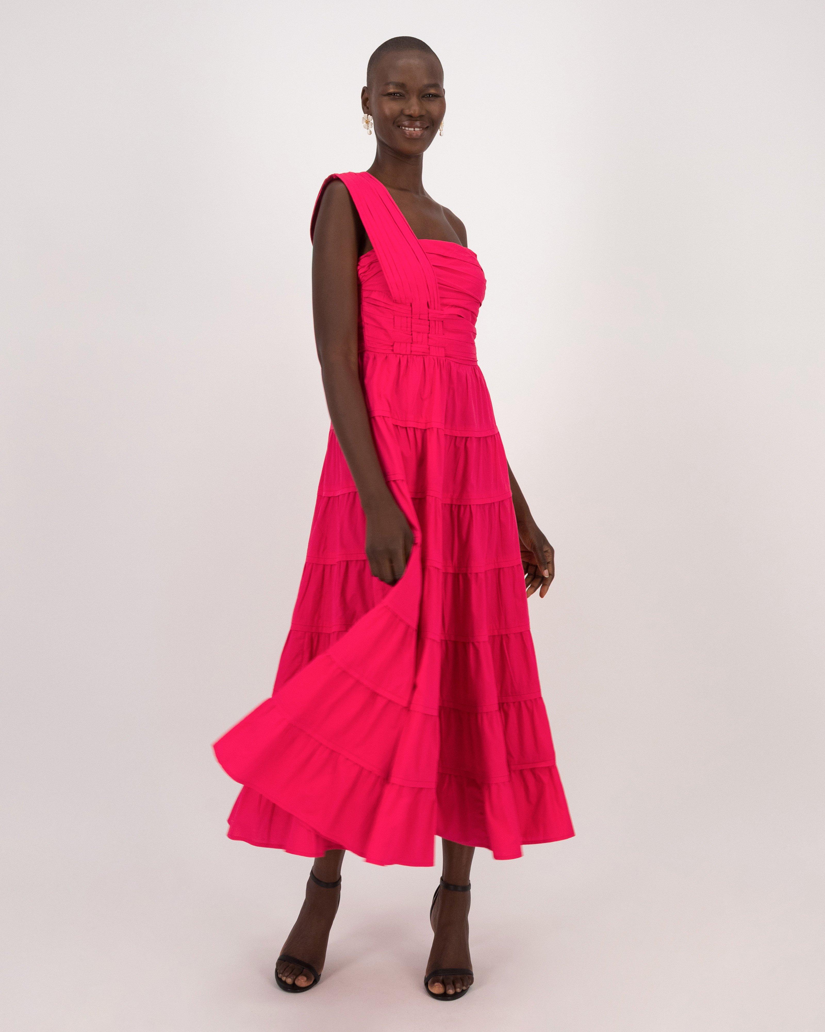 Jaclyn One-Shoulder Tiered Dress -  Pink