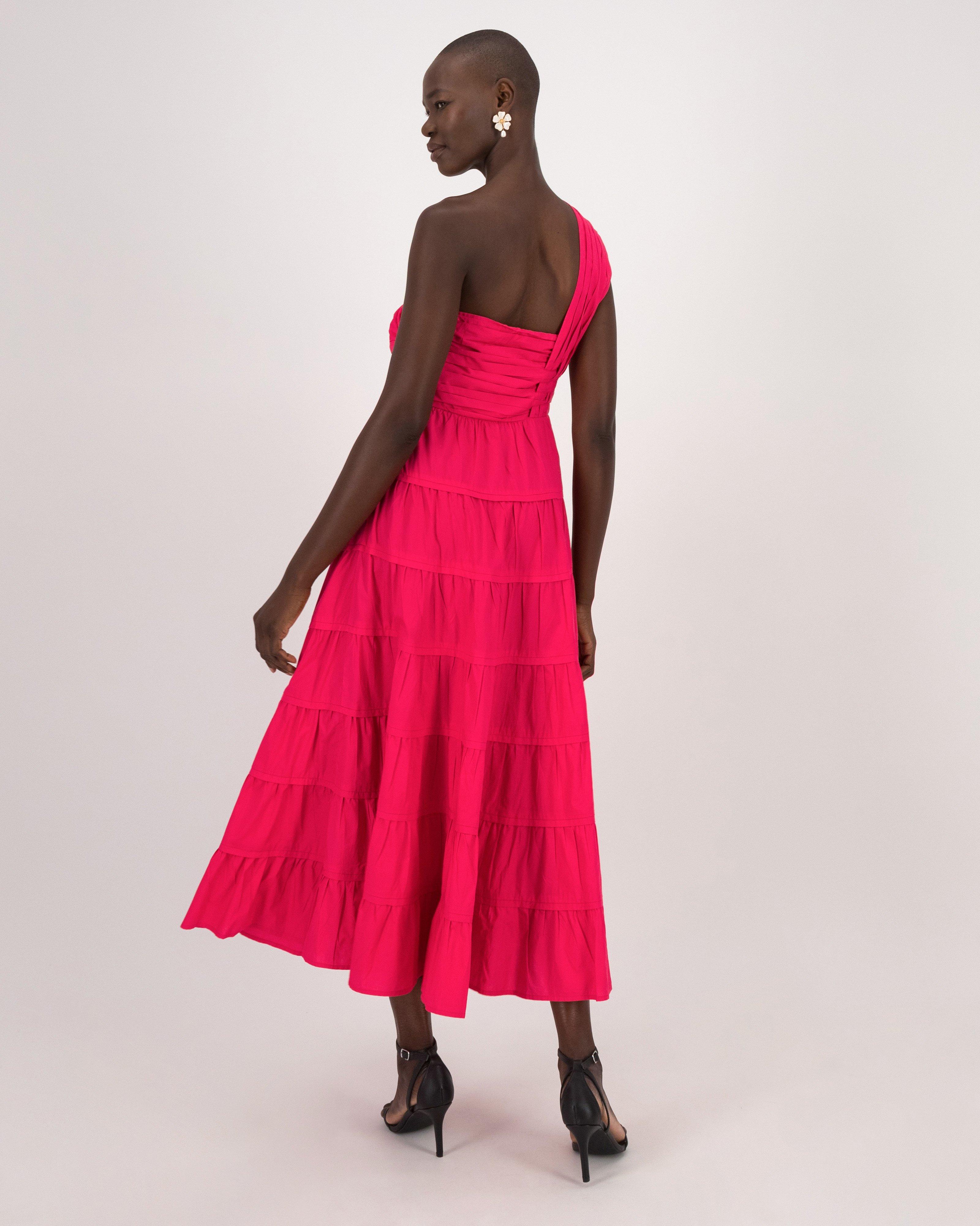 Jaclyn One-Shoulder Tiered Dress -  Pink
