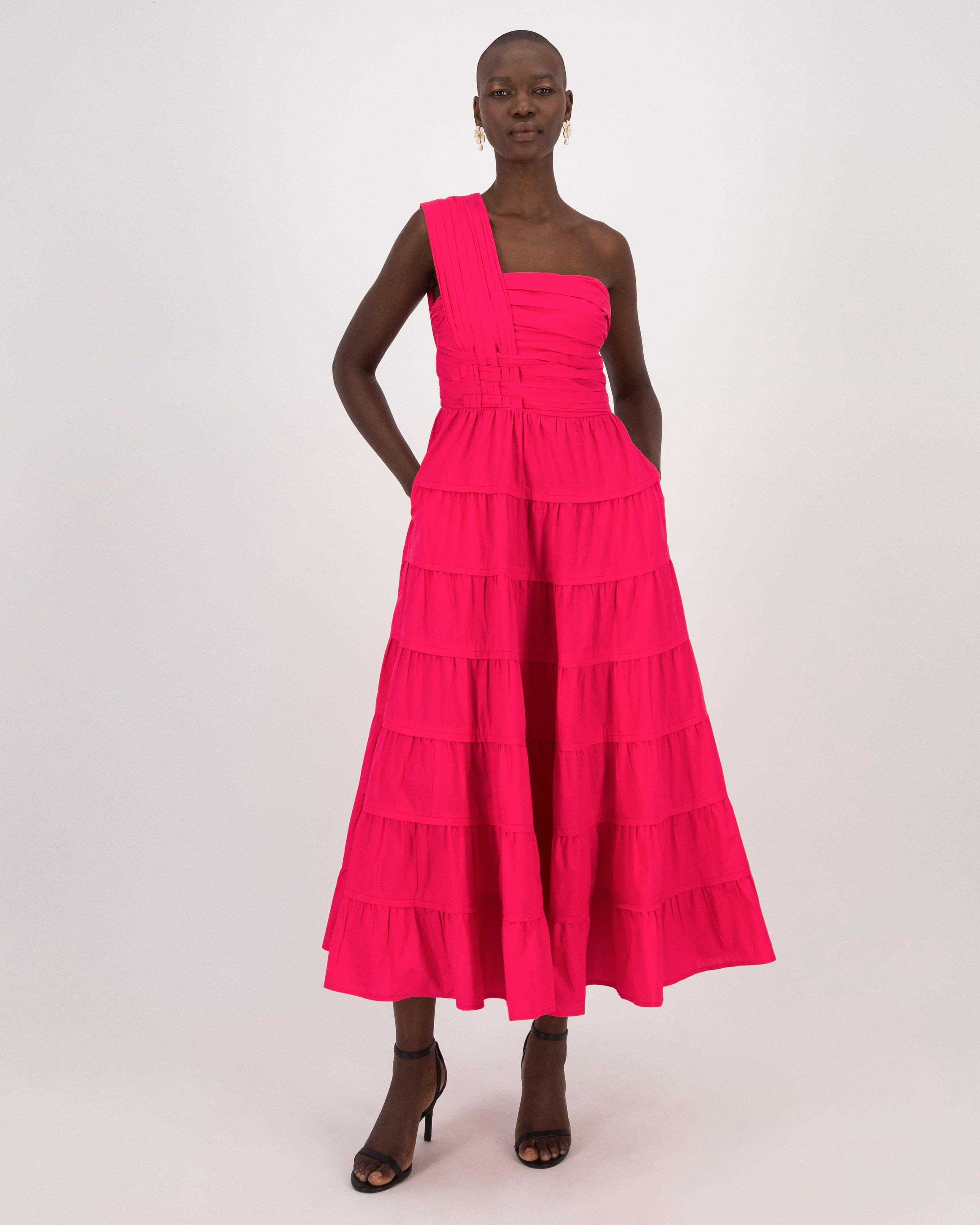 Jaclyn One-Shoulder Tiered Dress -  Pink