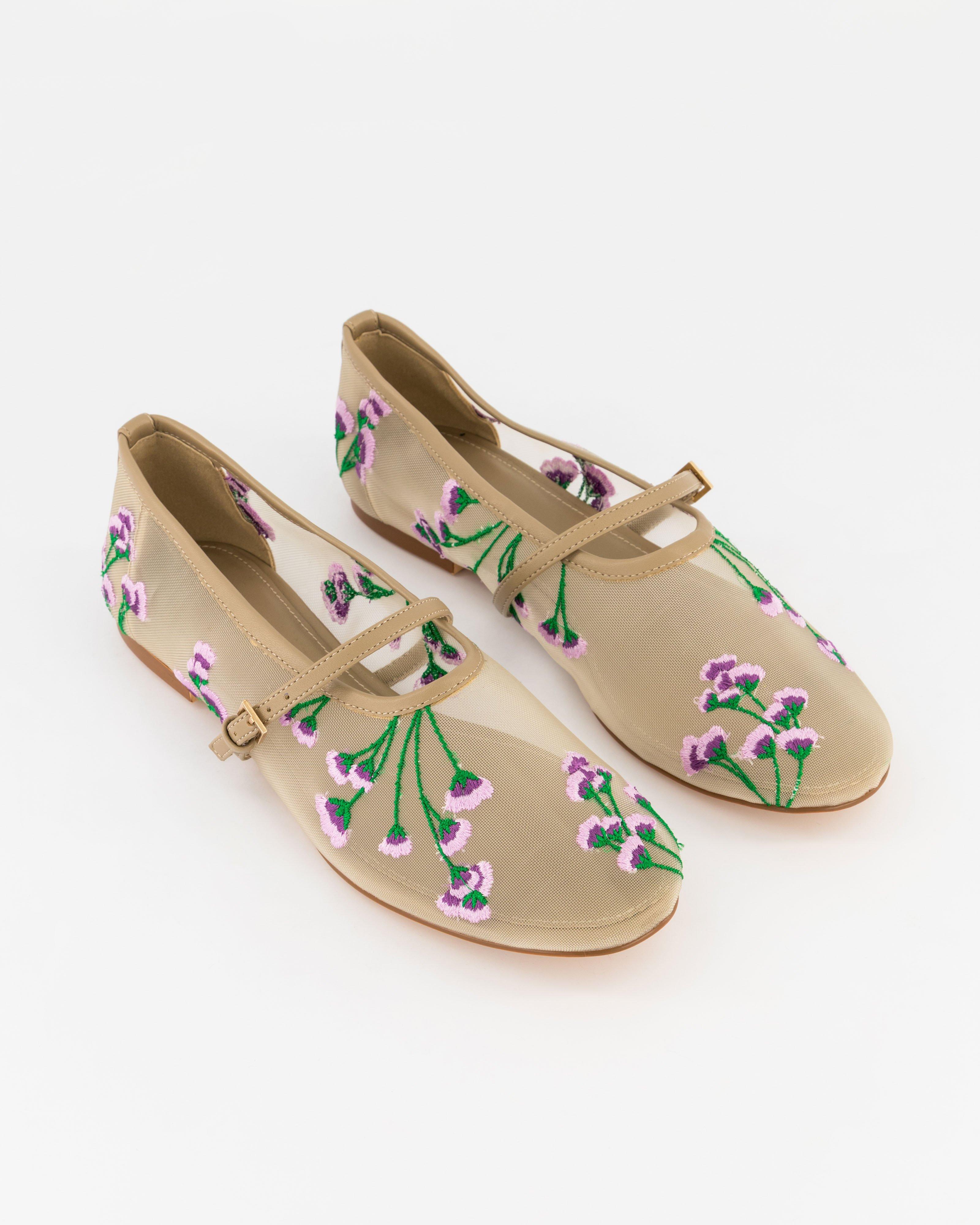 Tinsley Floral Embroidered Ballet Flats -  Cream