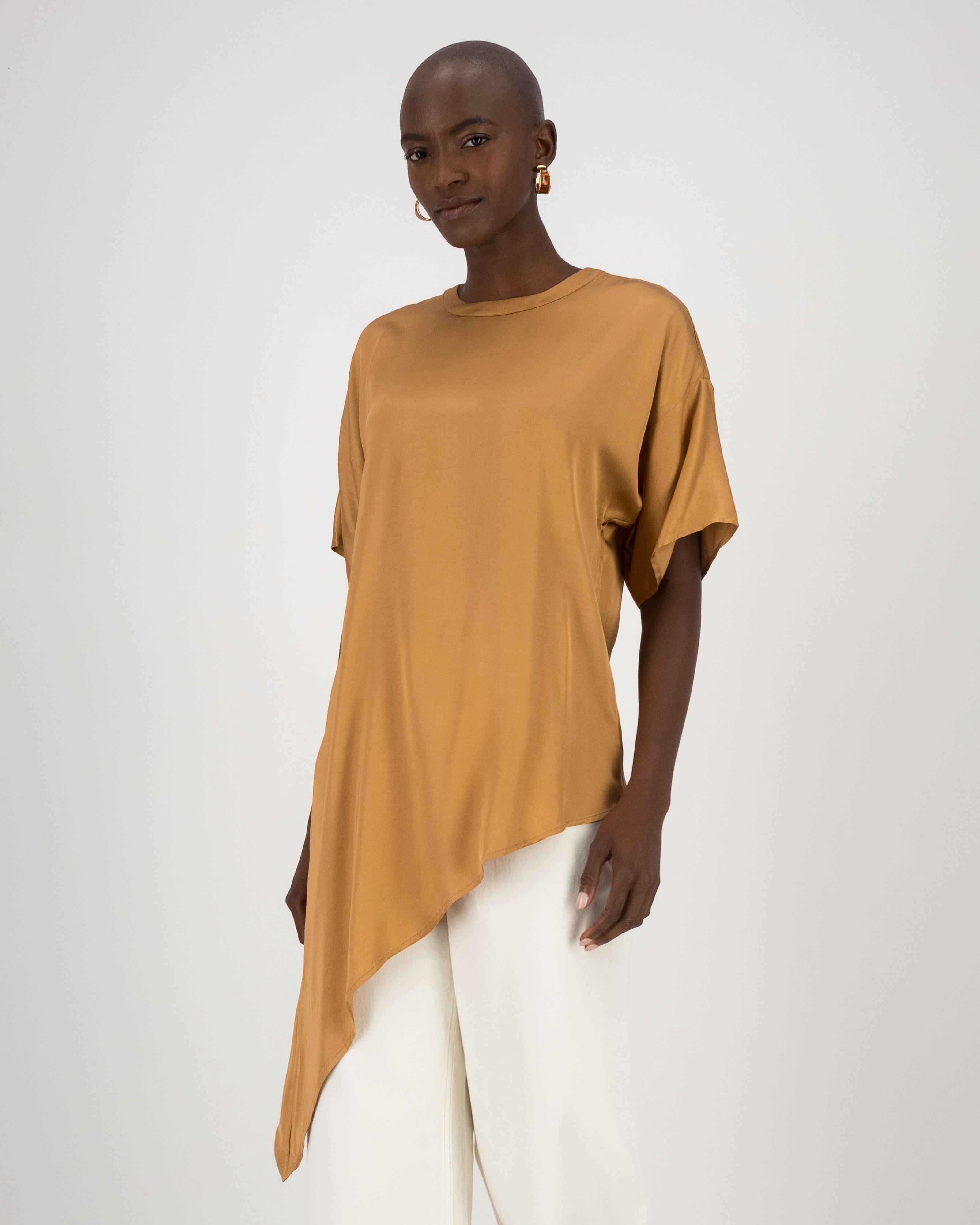 Sherah Sateen Asymmetric Woven Tee -  Brown