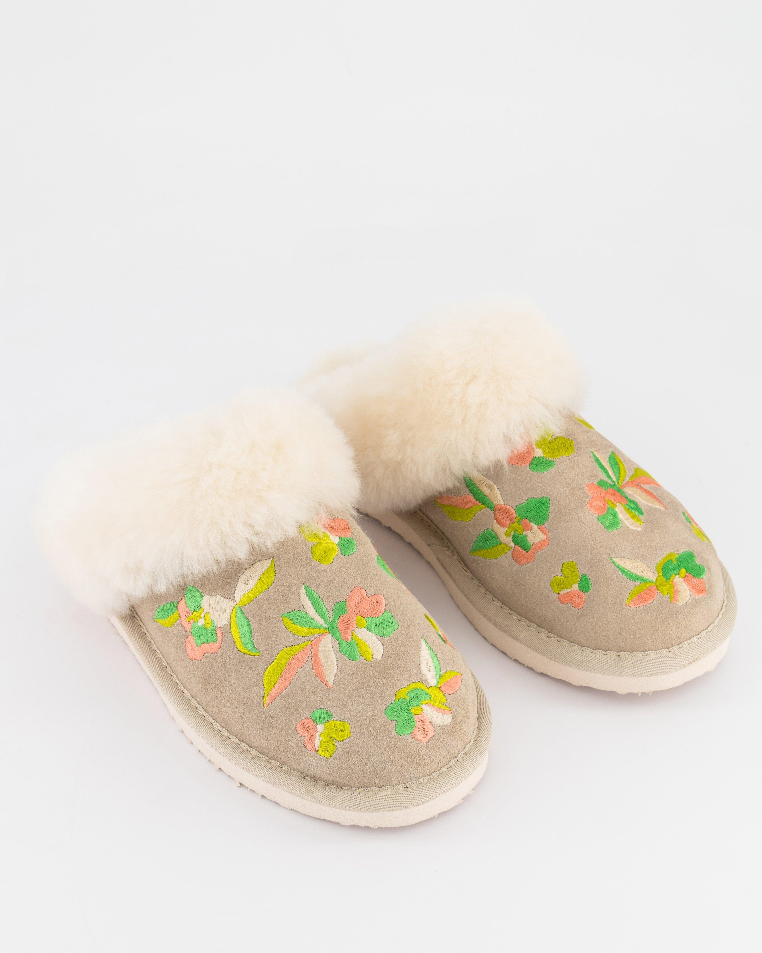 Gia Embroidered Suede Slipper -  Stone