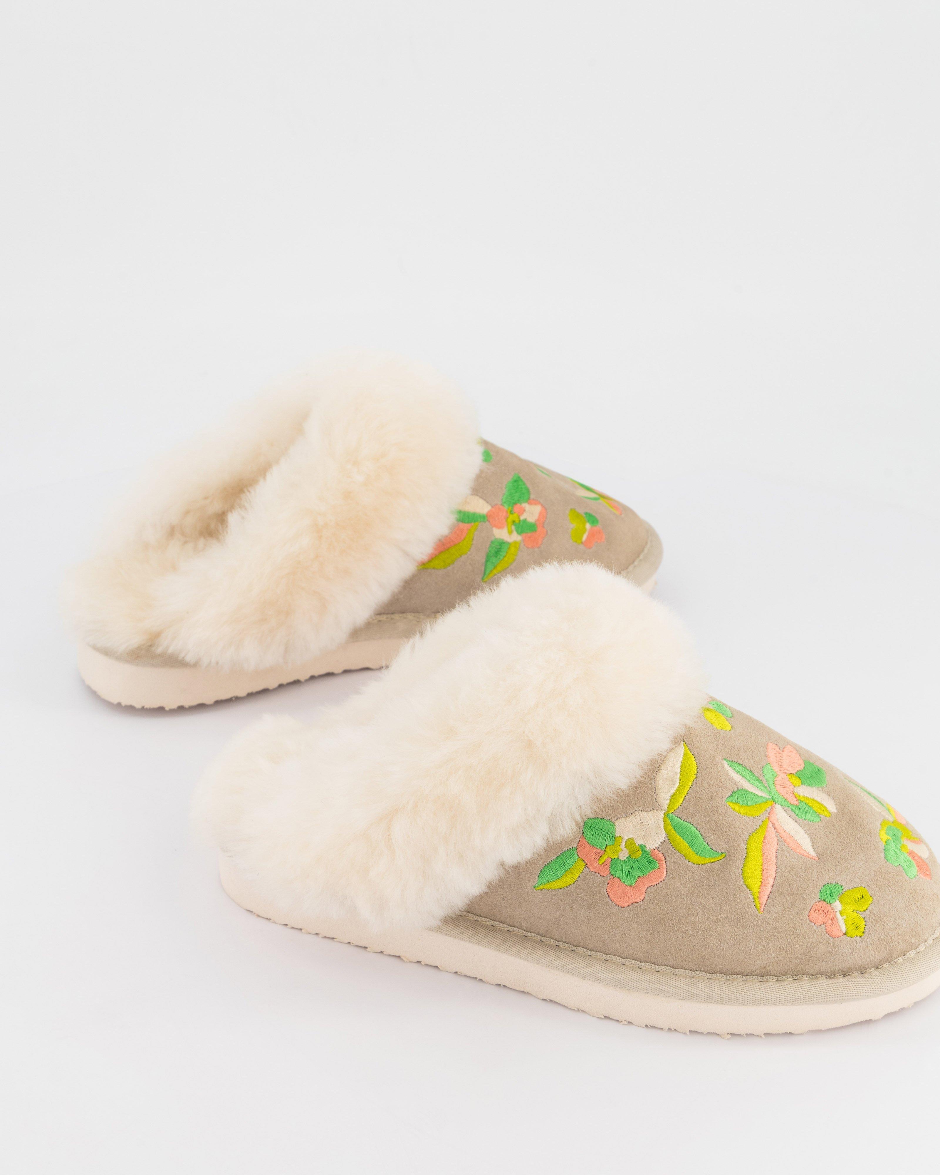 Gia Embroidered Suede Slipper -  Stone