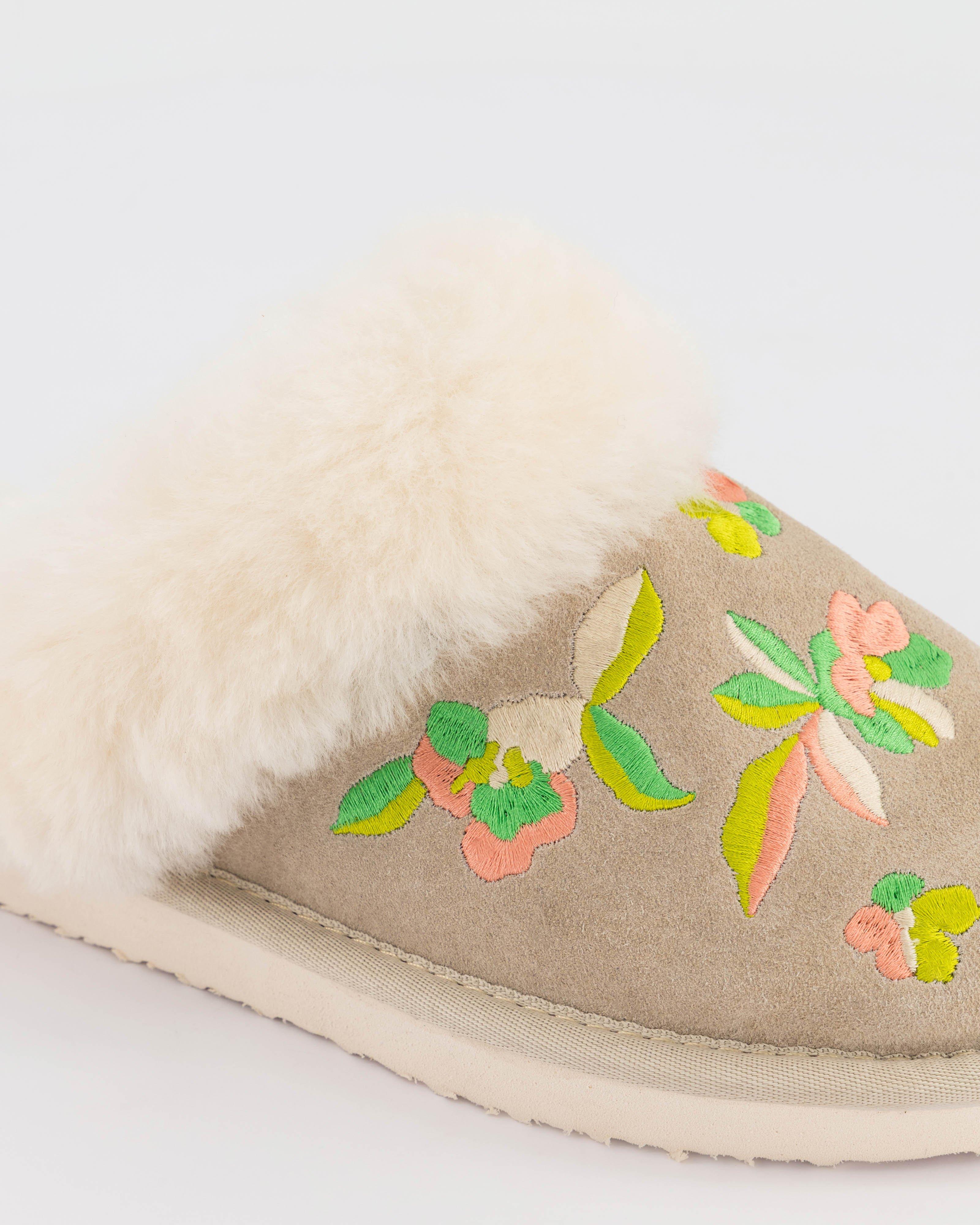 Gia Embroidered Suede Slipper -  Stone
