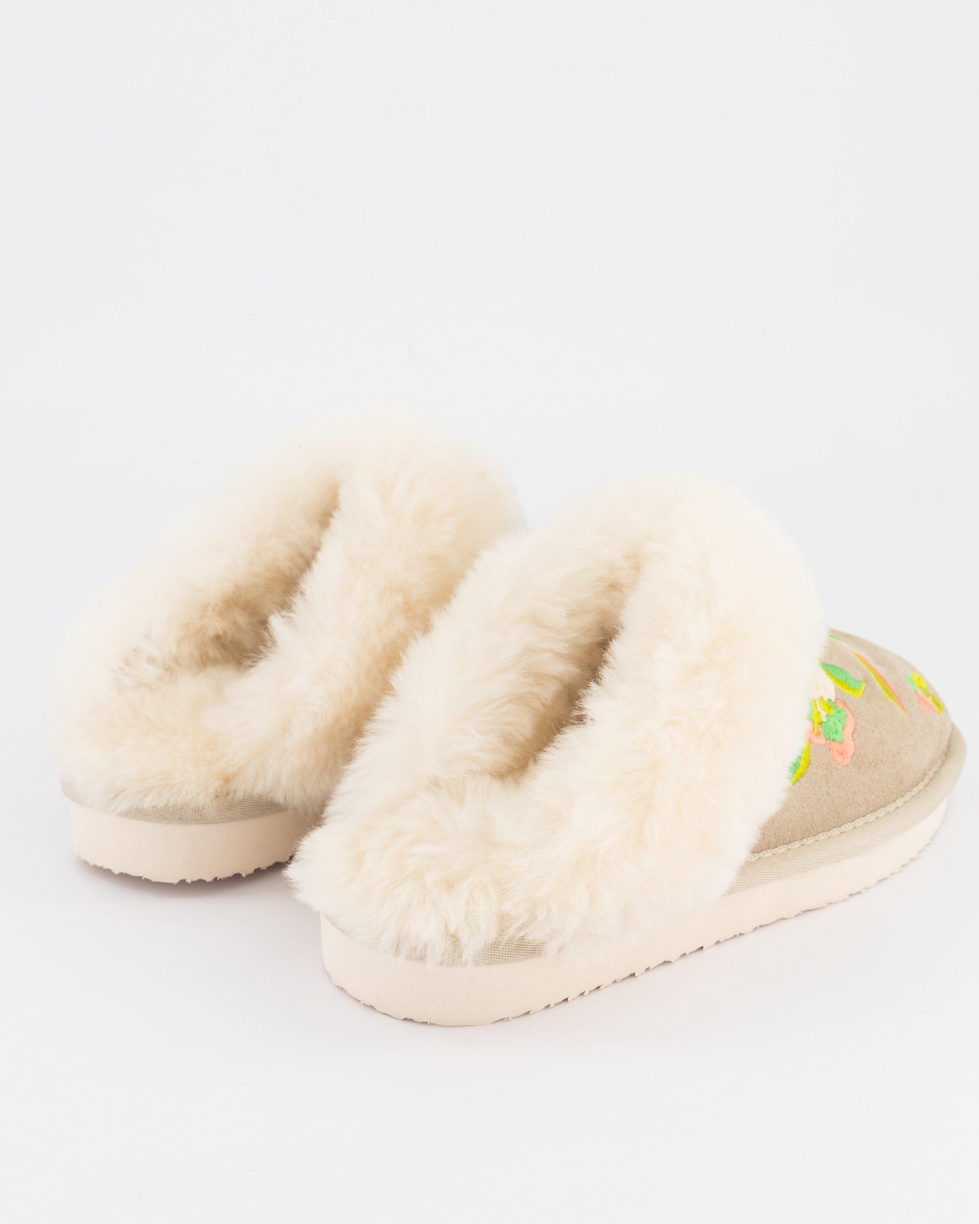 Gia Embroidered Suede Slipper -  Stone