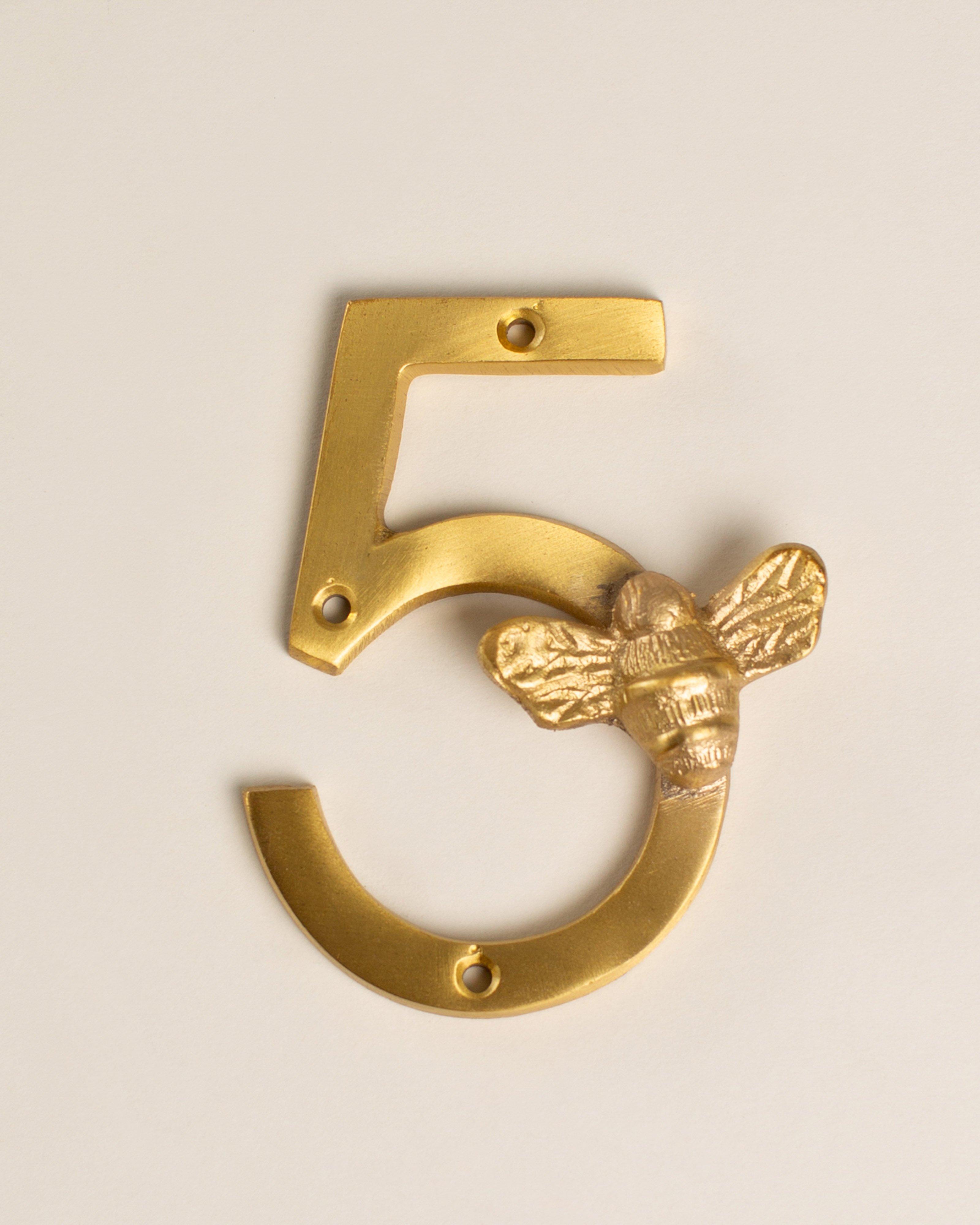 Solid Brass Bee House Number - 5 -  Gold