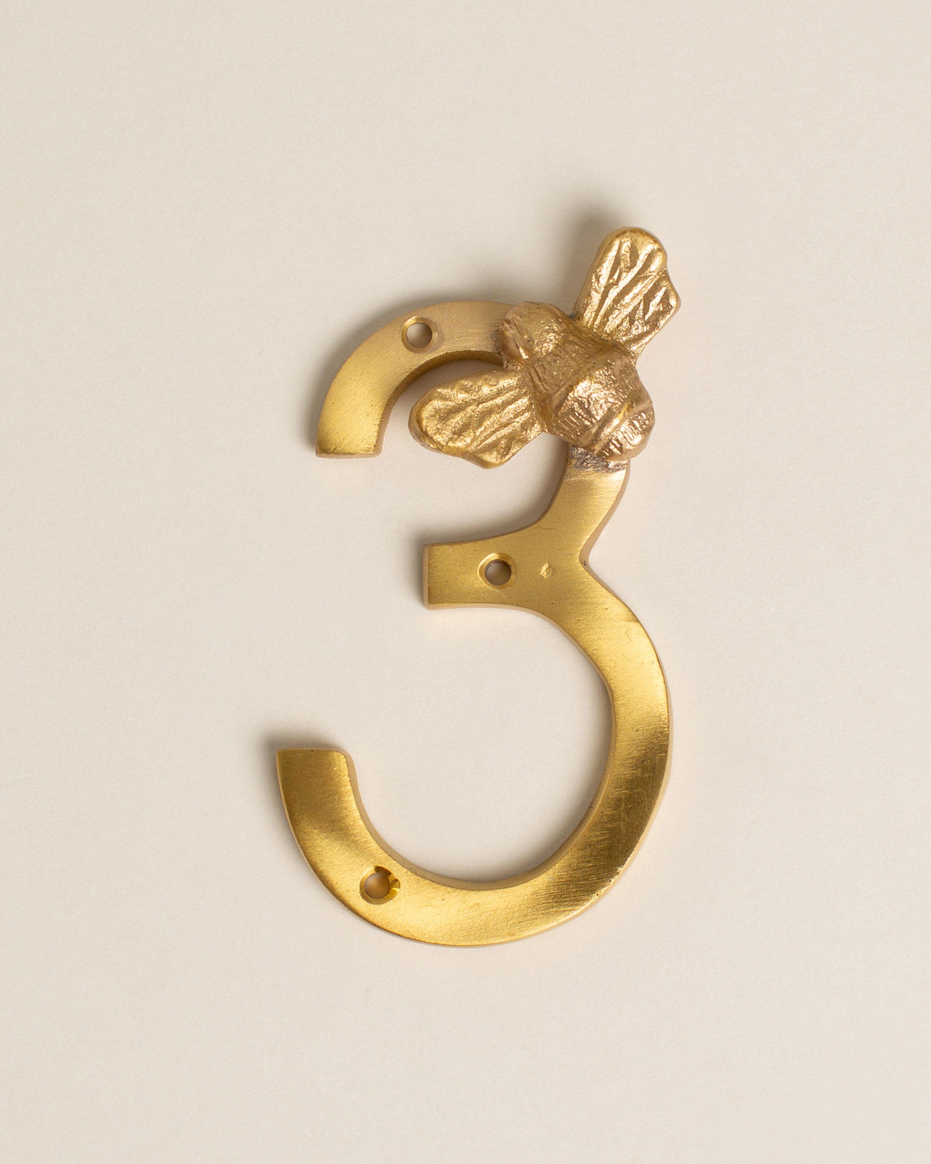 Solid Brass Bee House Number - 3 -  Gold