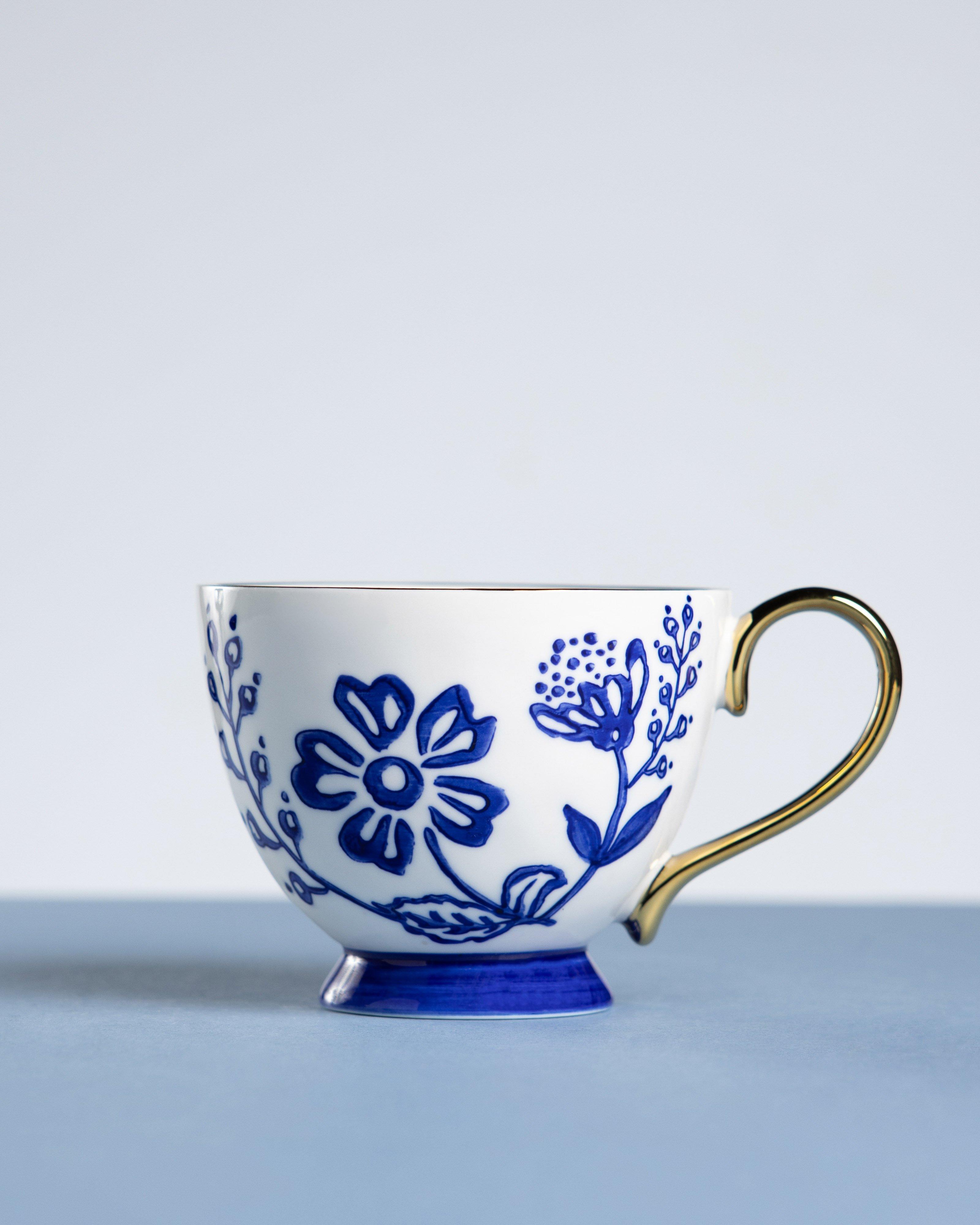 Gold Rim Hand Painted Mug -  Blue