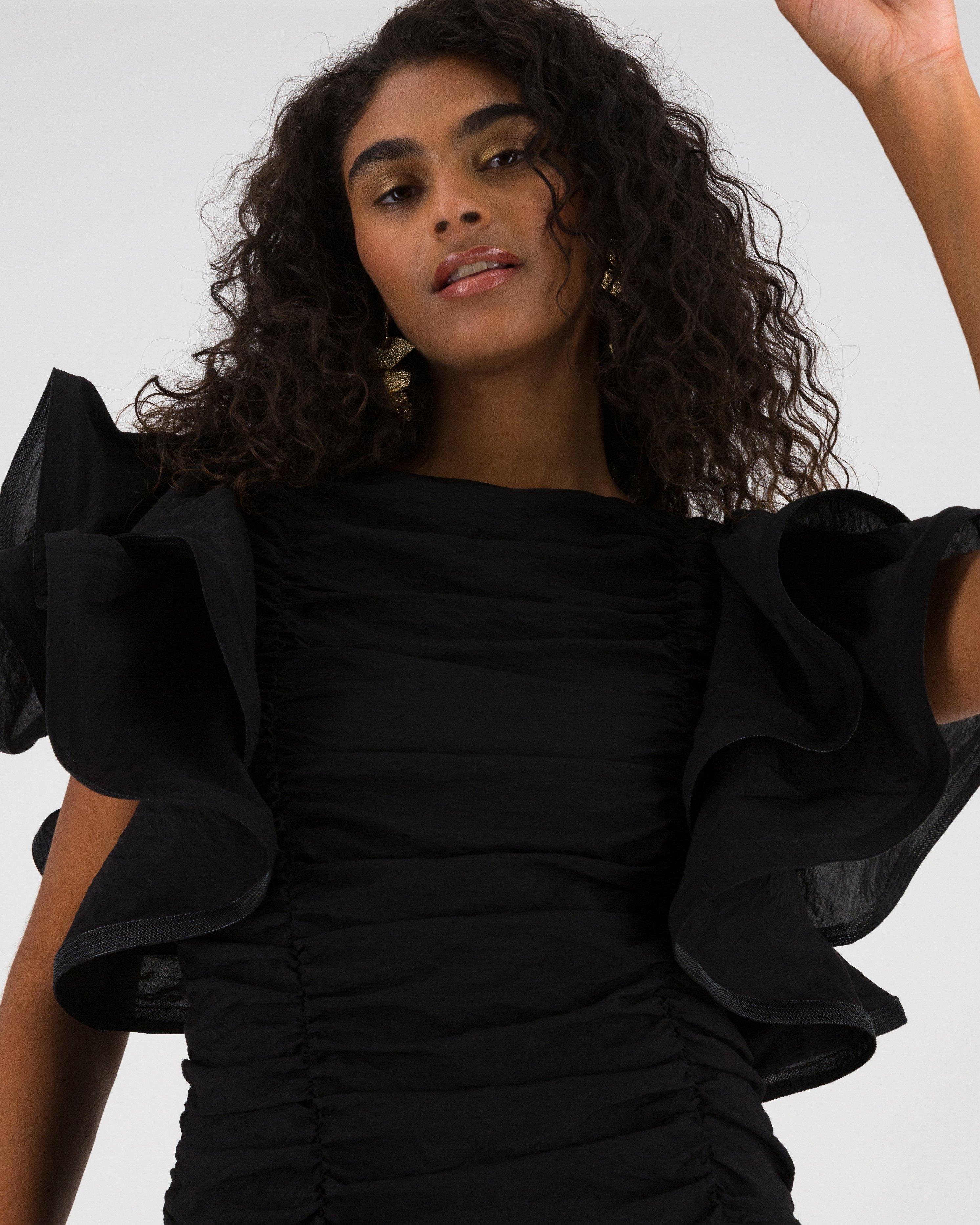 claude mini dress The Good Journey Ruffled Strap Minidress - Black/ Tan