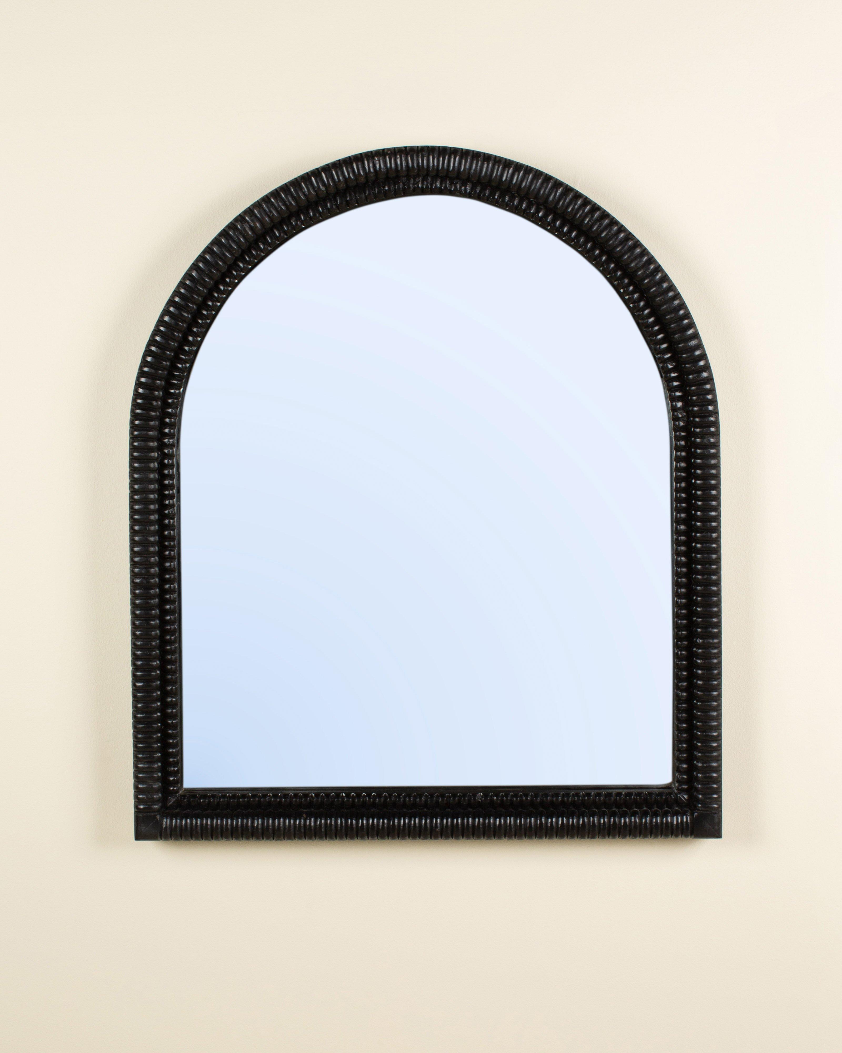 Carved Textured Arched Dark Wood Finish Mirror -  Black