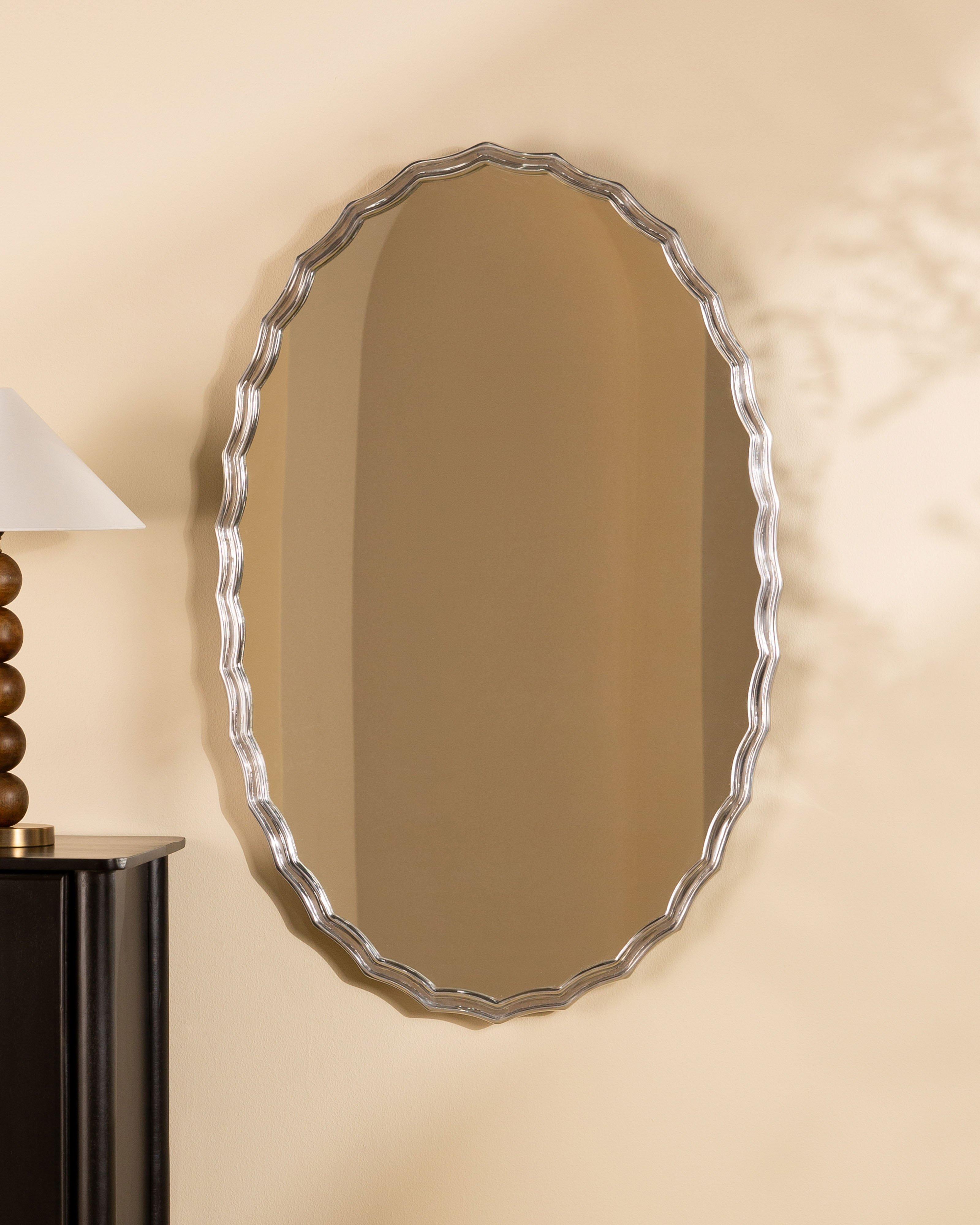 Metal Scalloped Chrome Oval Mounted Mirror -  Silver