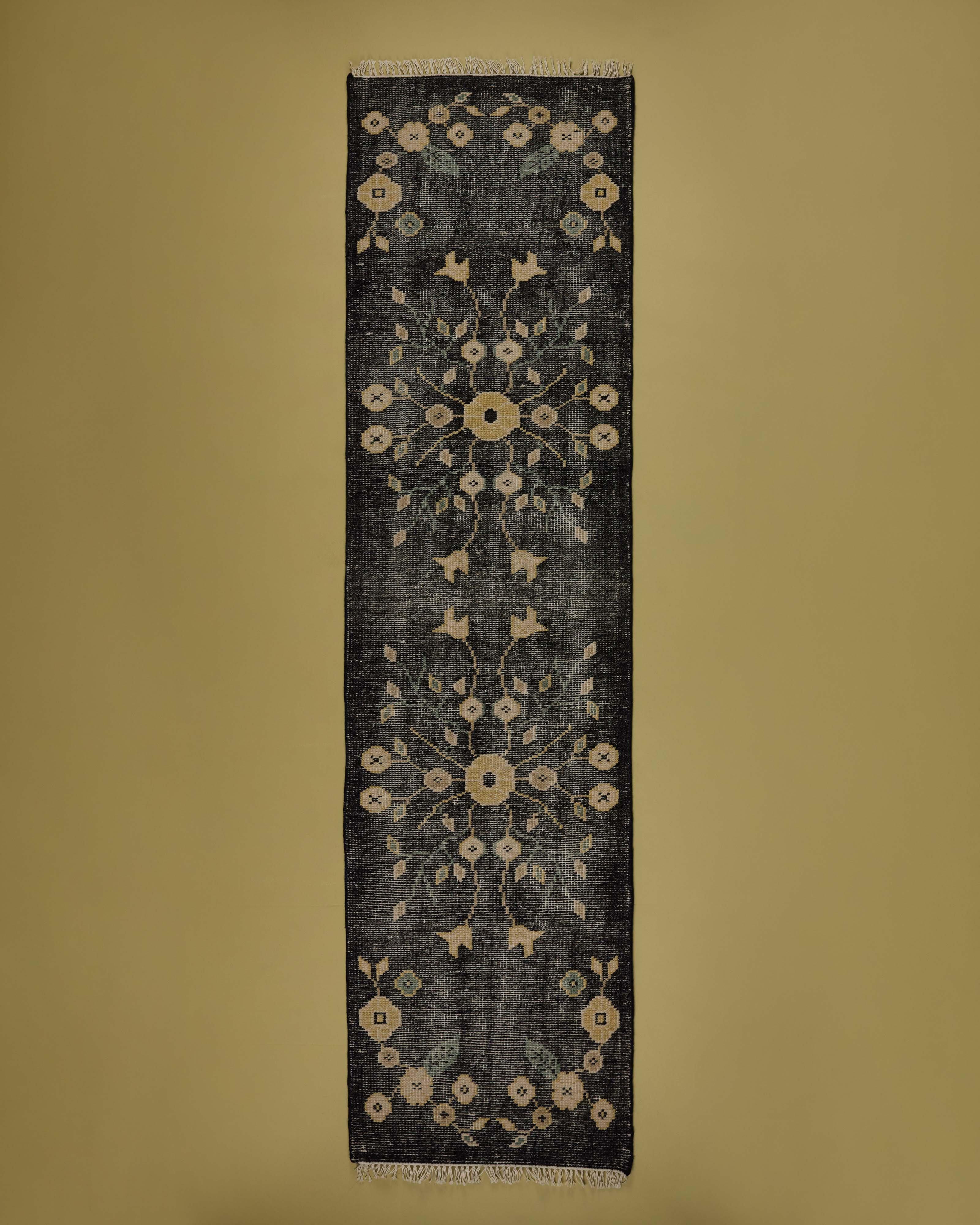Fiona Wool and Cotton Floral Hand Knotted Runner - 80cm x 300cm -  Blue