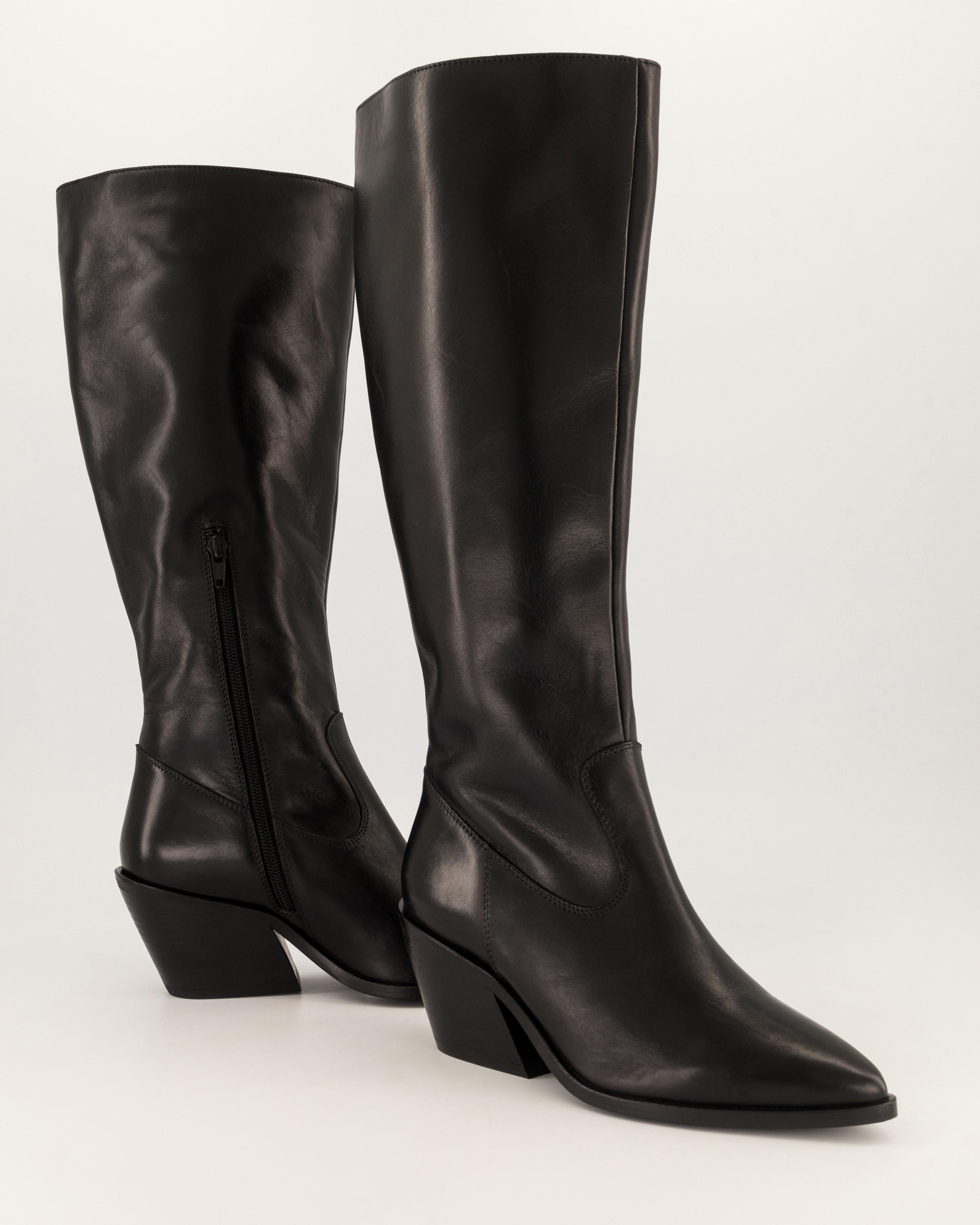 Abby Knee High Relaxed Leather Western Boot -  Black