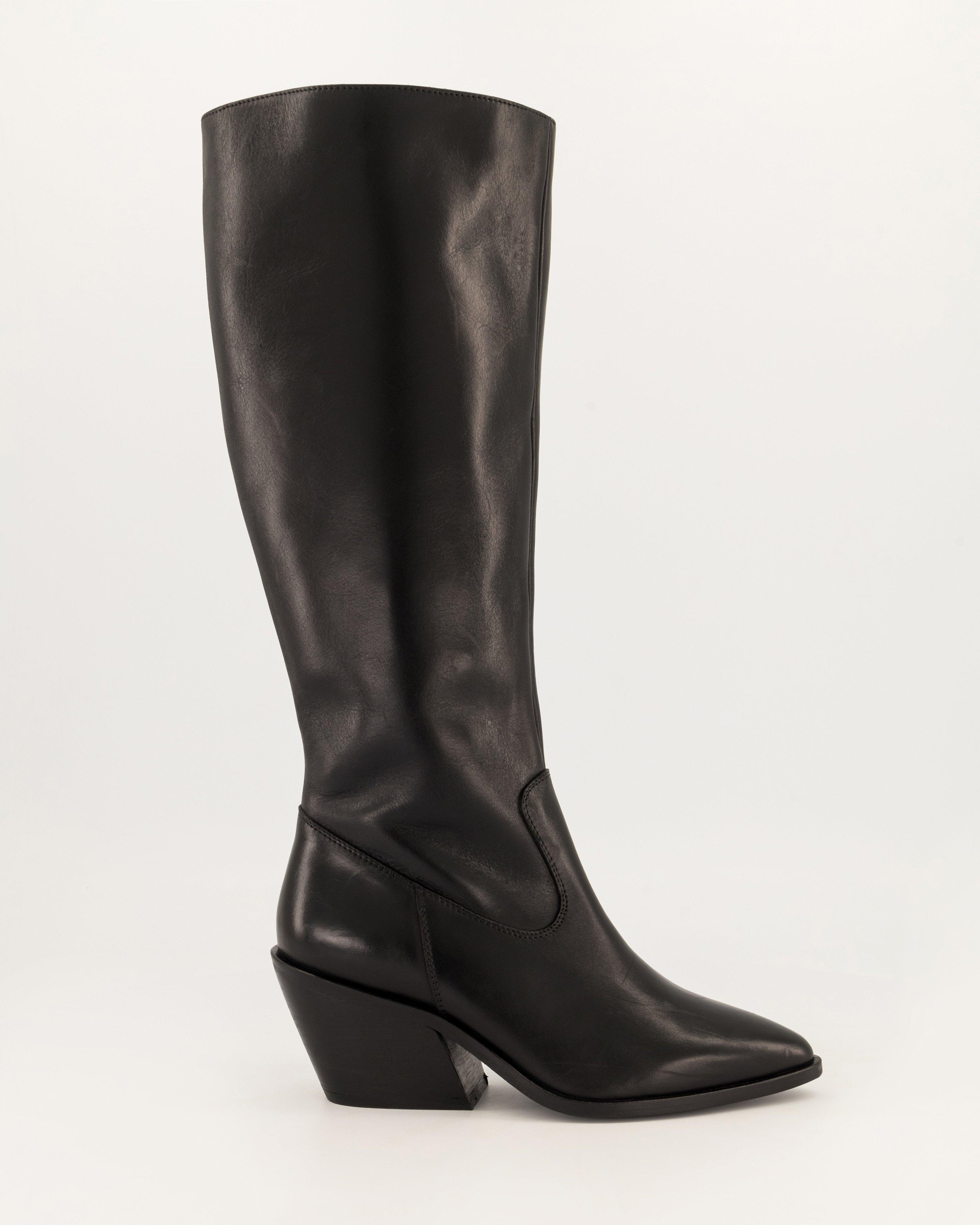 Abby Knee High Relaxed Leather Western Boot -  Black