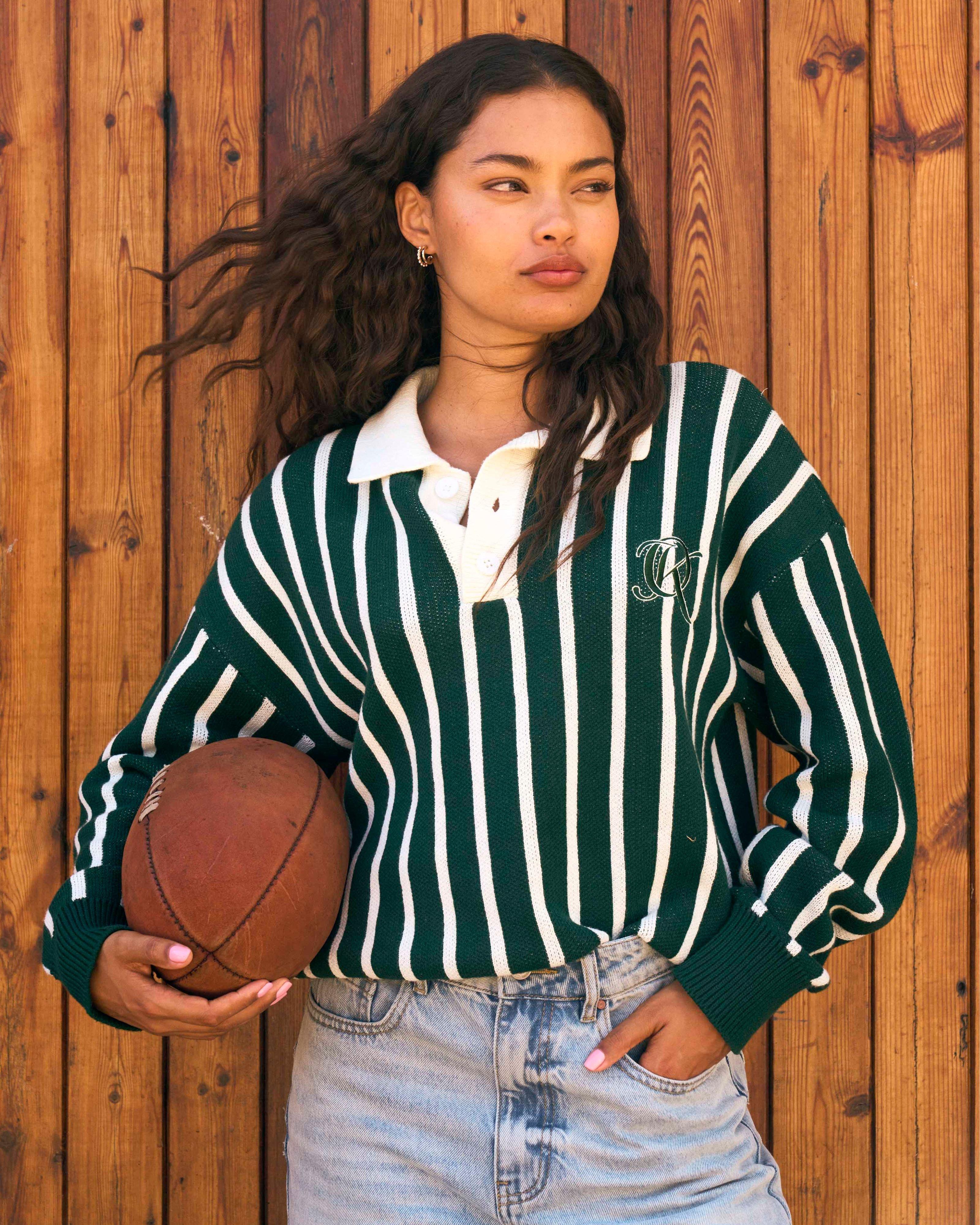 Women's Tayla Stripe Polo -  Dark Green