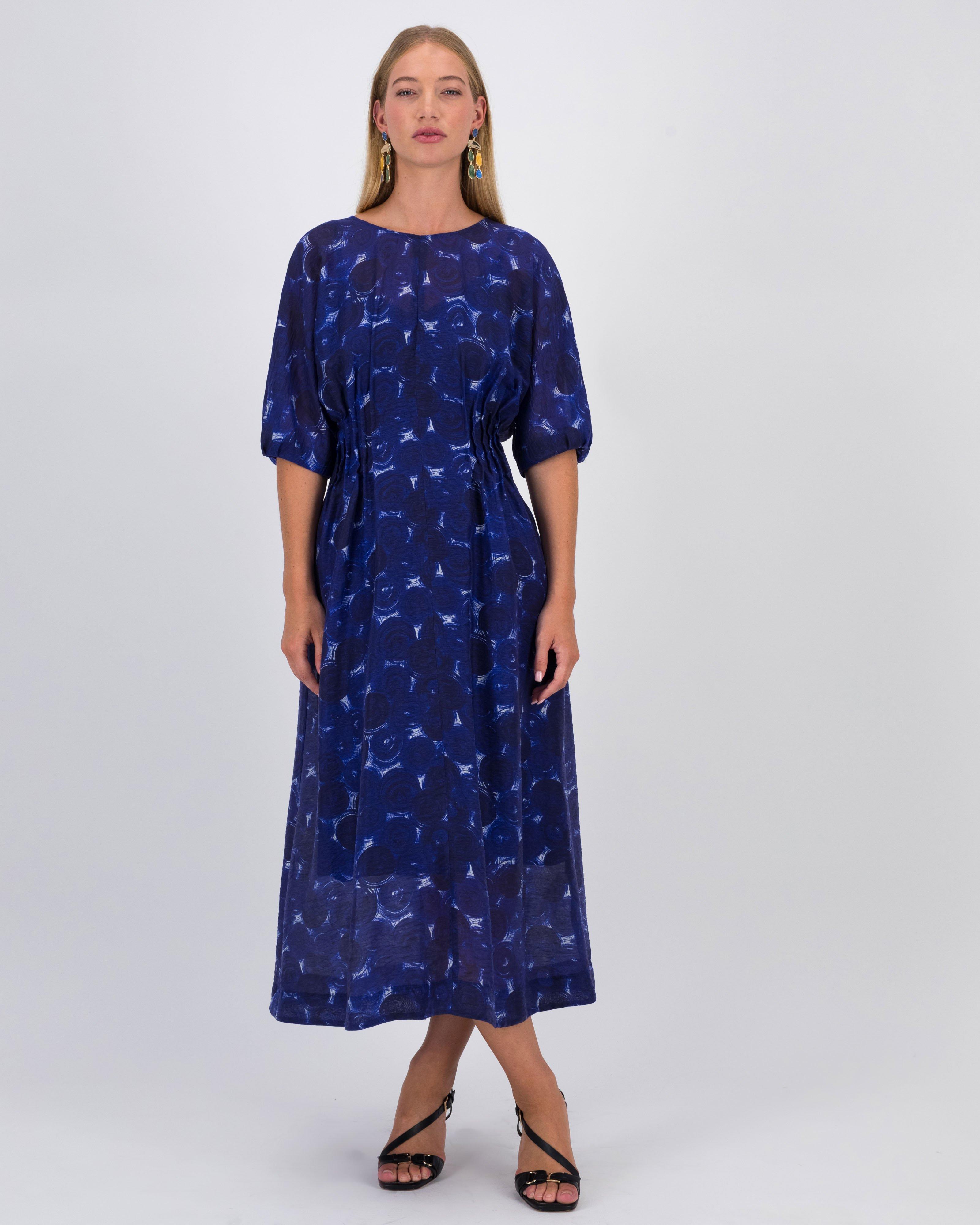Morgan Pintuck Detail Printed Dress -  Navy
