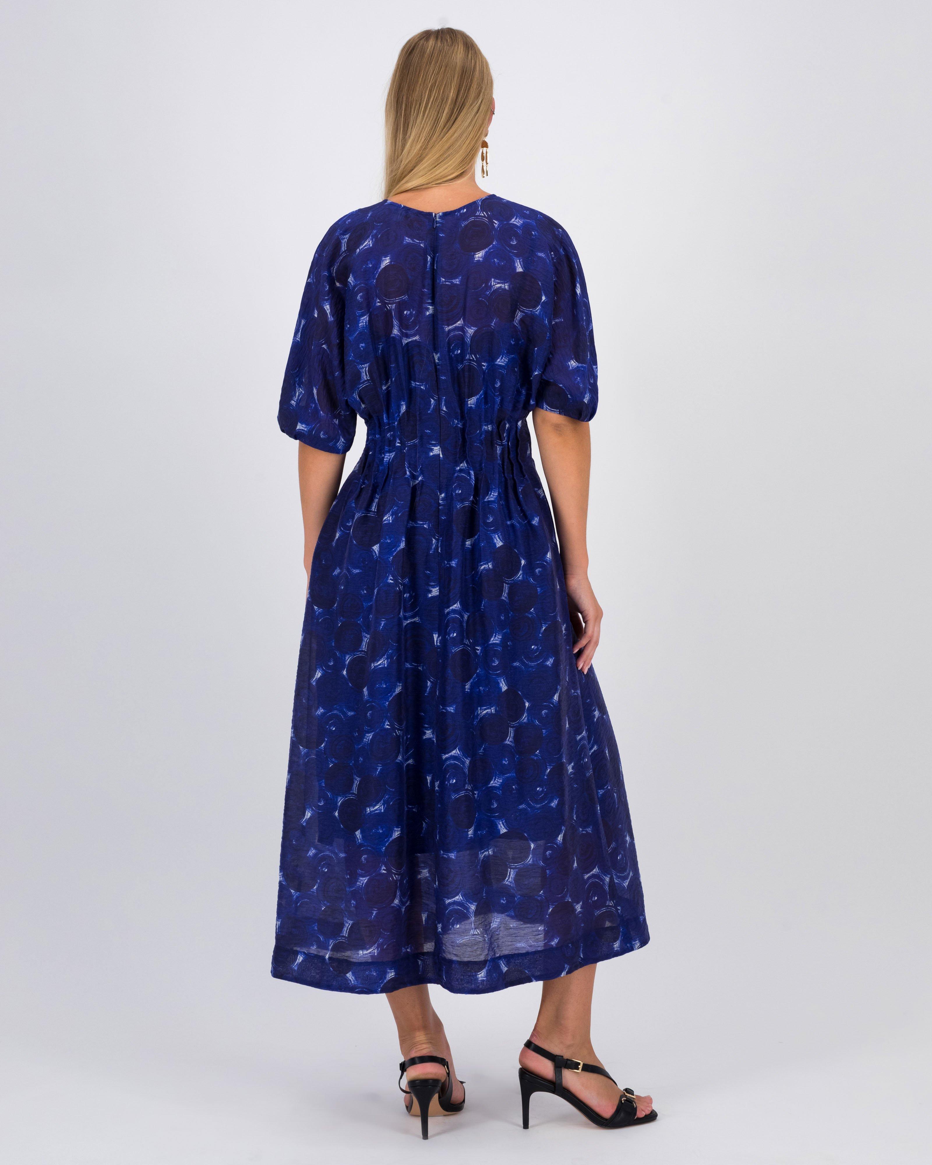 Morgan Pintuck Detail Printed Dress -  Navy