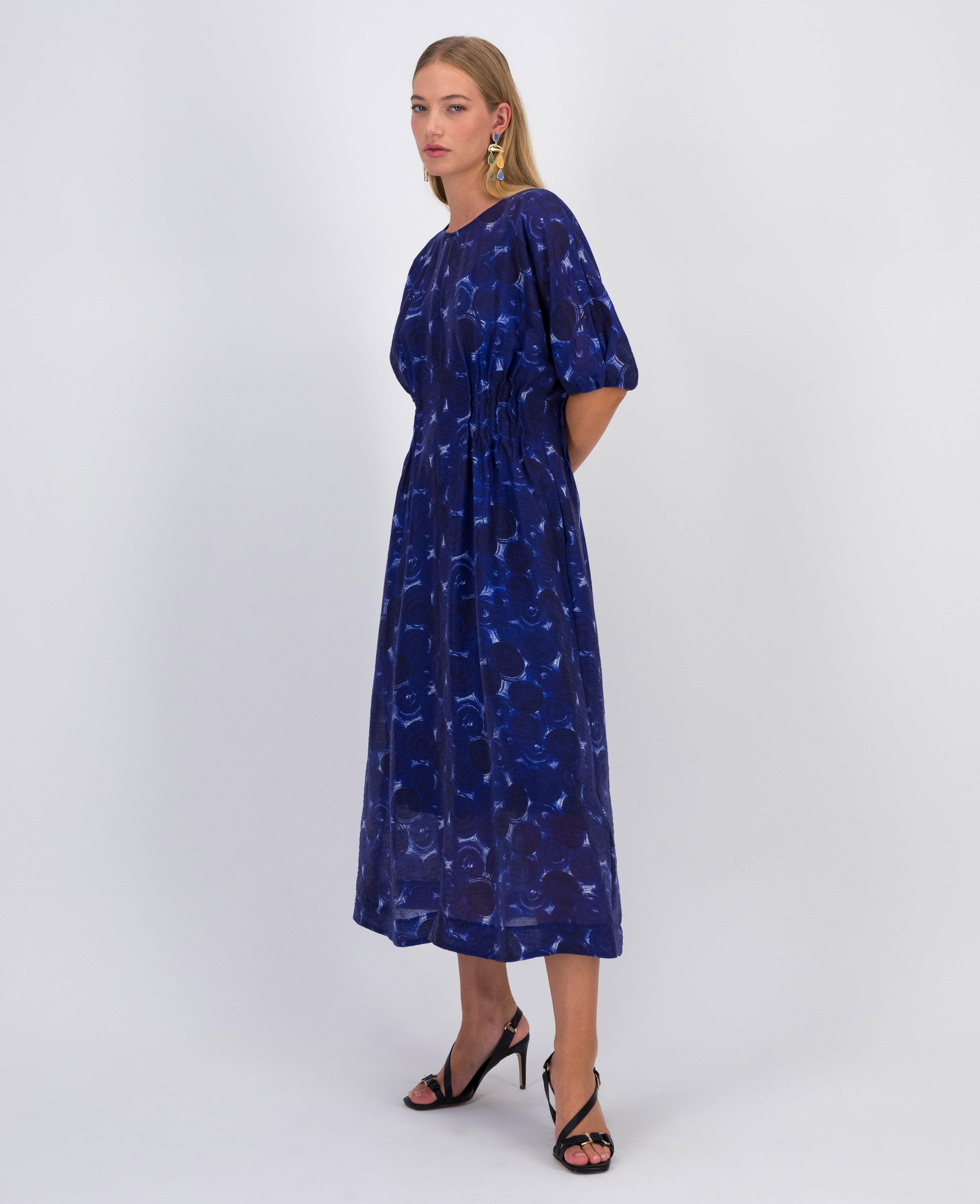 Morgan Pintuck Detail Printed Dress -  Navy