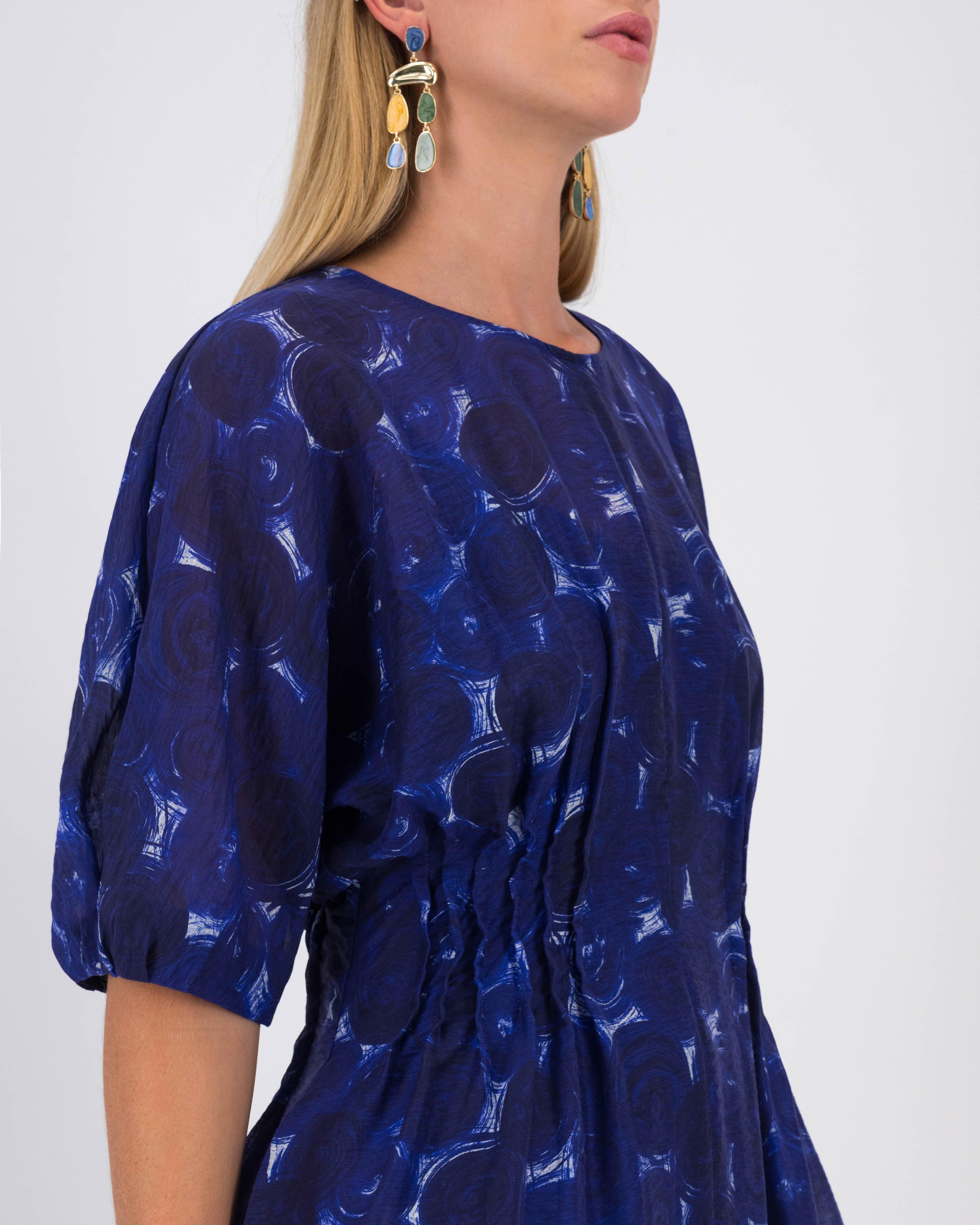 Morgan Pintuck Detail Printed Dress -  Navy