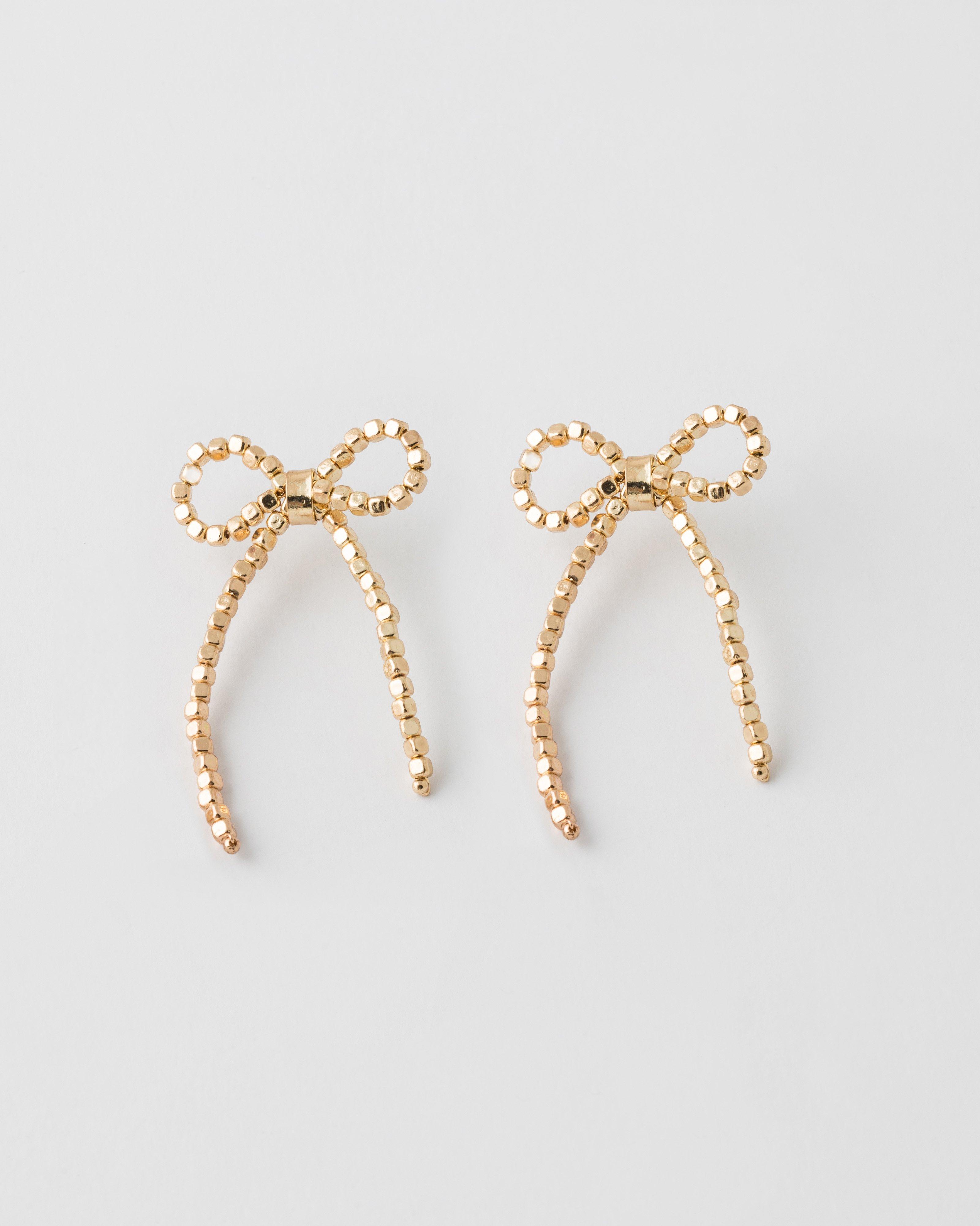 Square Pebbled Bow Earrings -  Gold