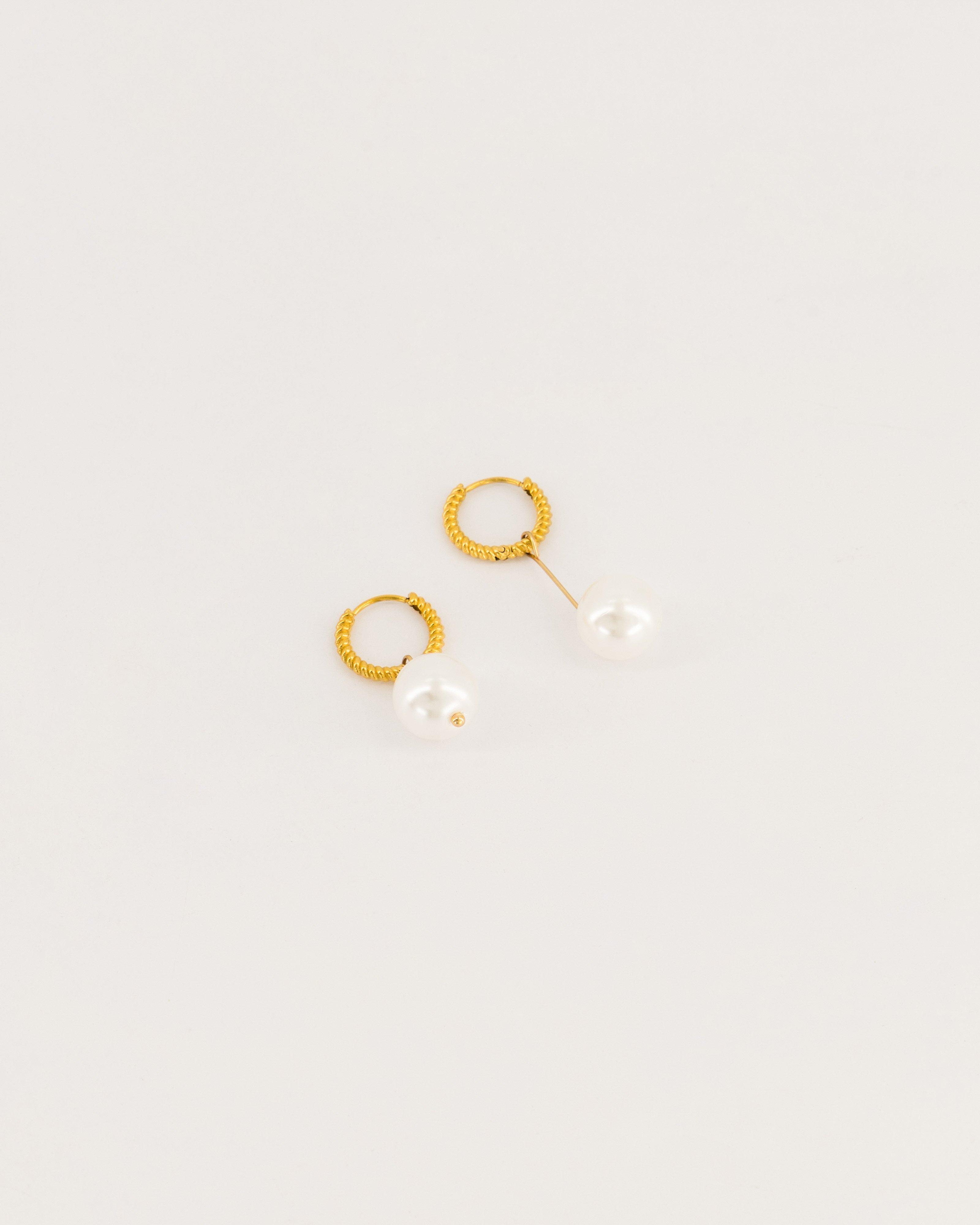 Stainless Steel Freshwater Pearl & Rope Huggie Earrings -  Gold