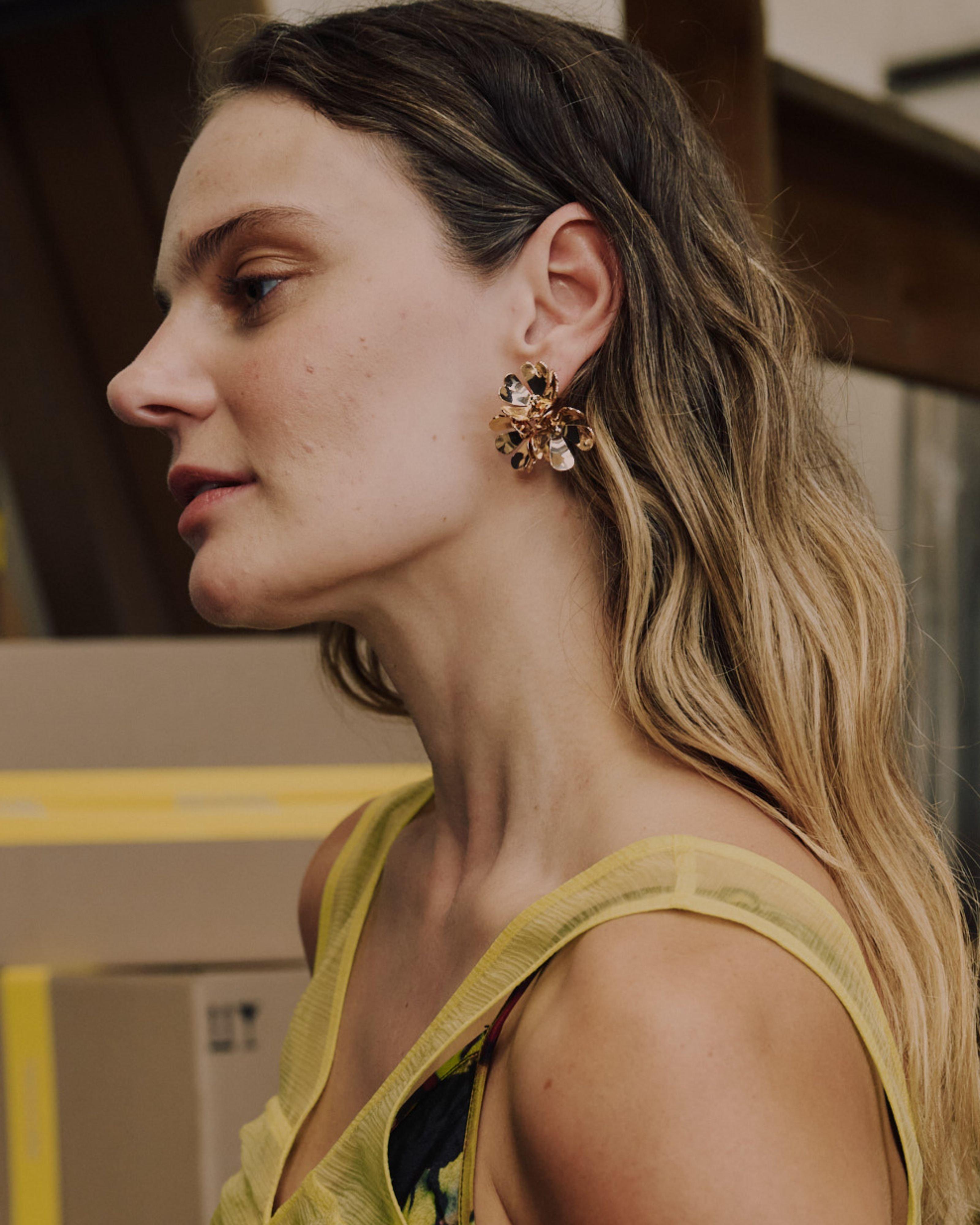 Three Cluster Flower Statement Hoop Earrings -  Gold