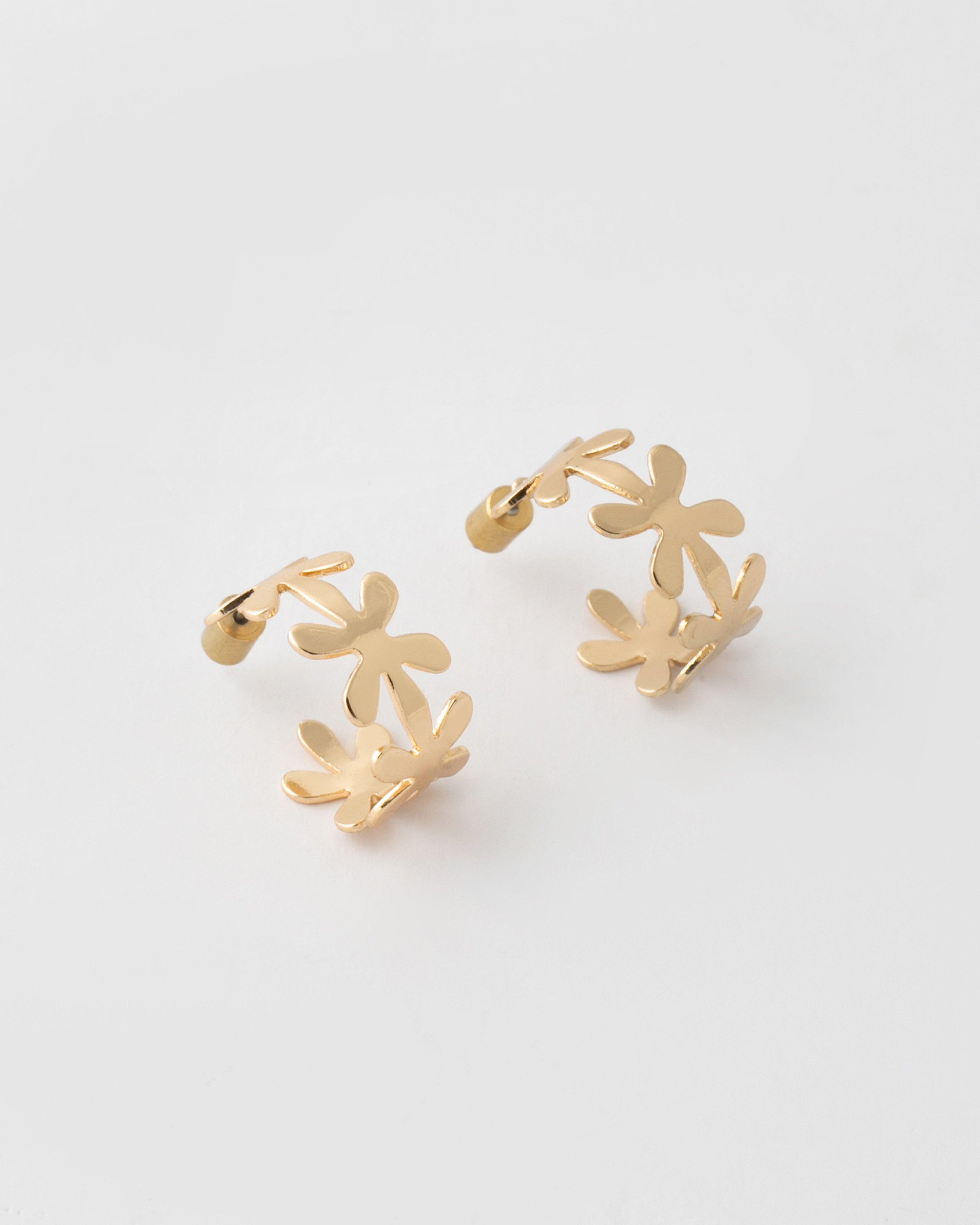 Shiny Plain Flower Hoop Earrings -  Gold