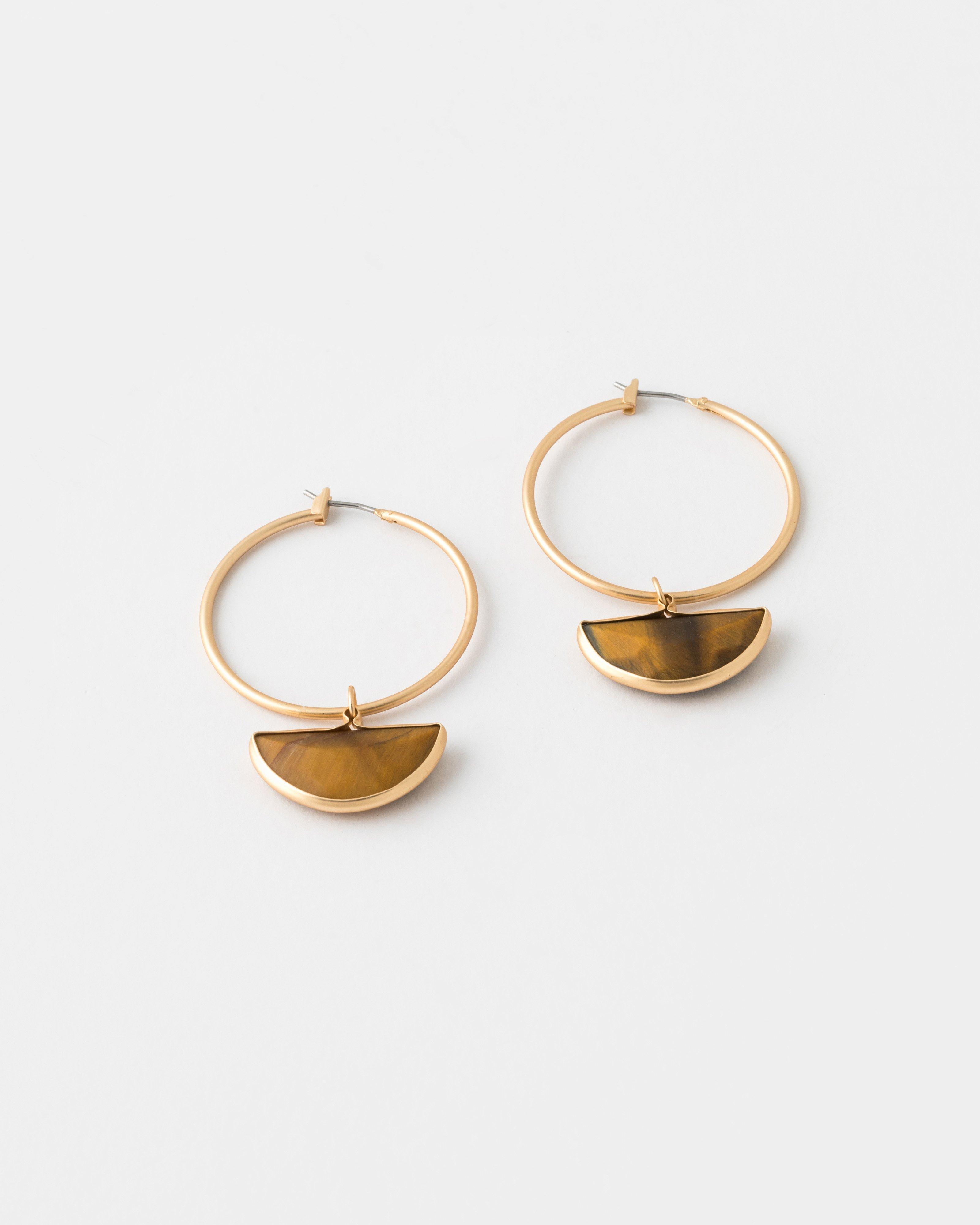 Wooden Inset Halfmoon Statement Hoop Earrings -  Brown