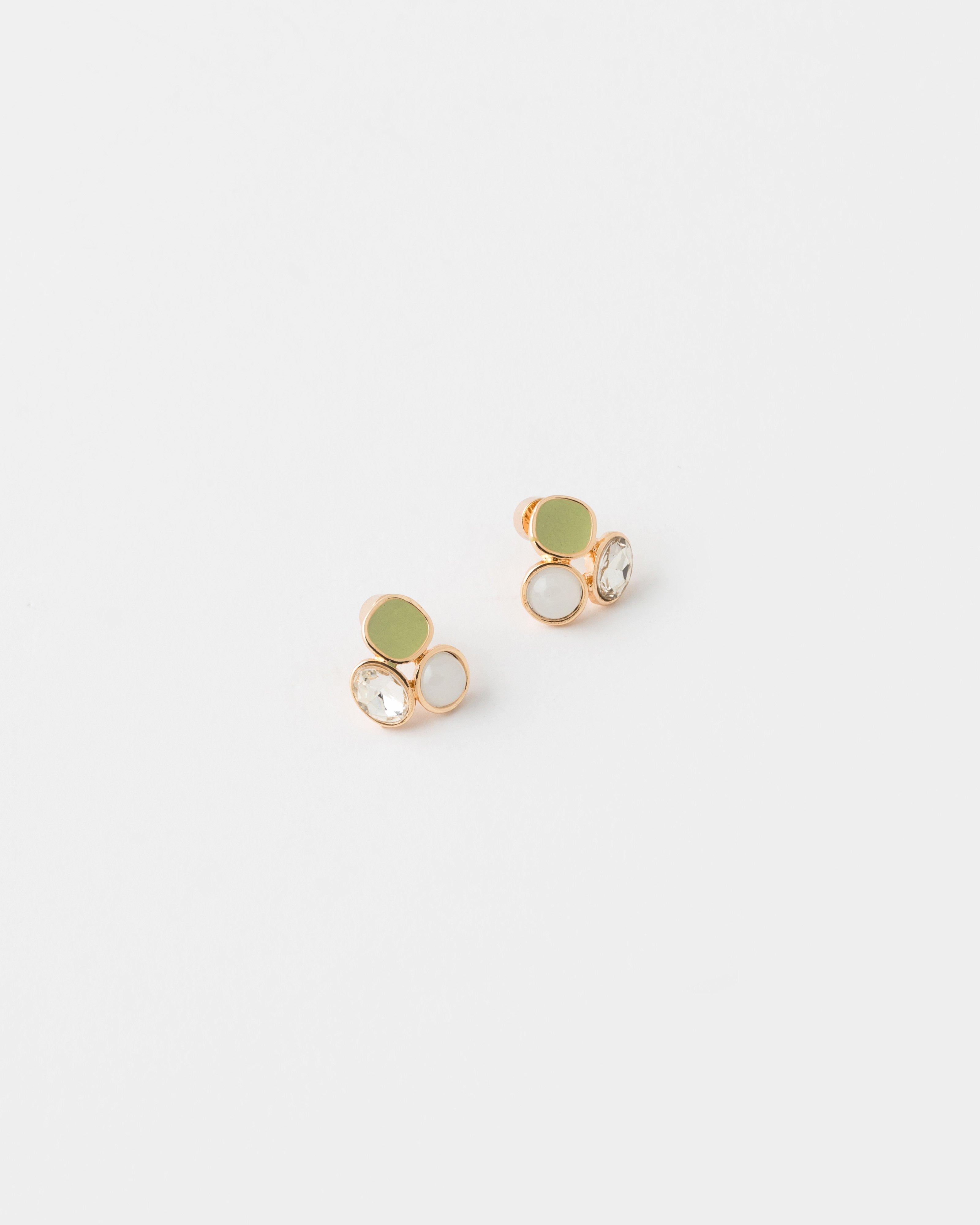 Three Cluster Mother of Pearl & Stone Stud Earrings -  Light Green